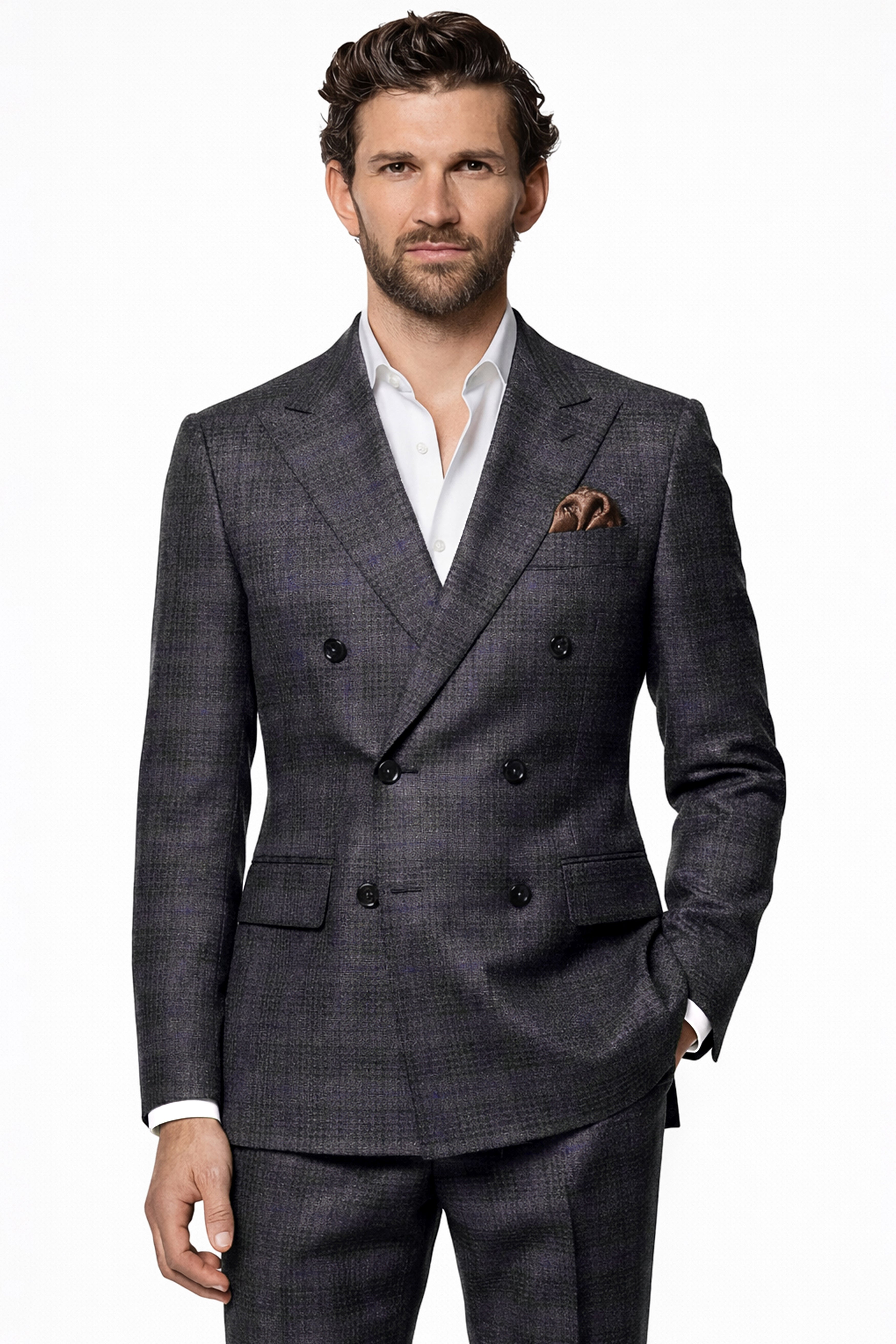 Cinerro-Shark Gray Plaid Tweed Double Breasted Suit