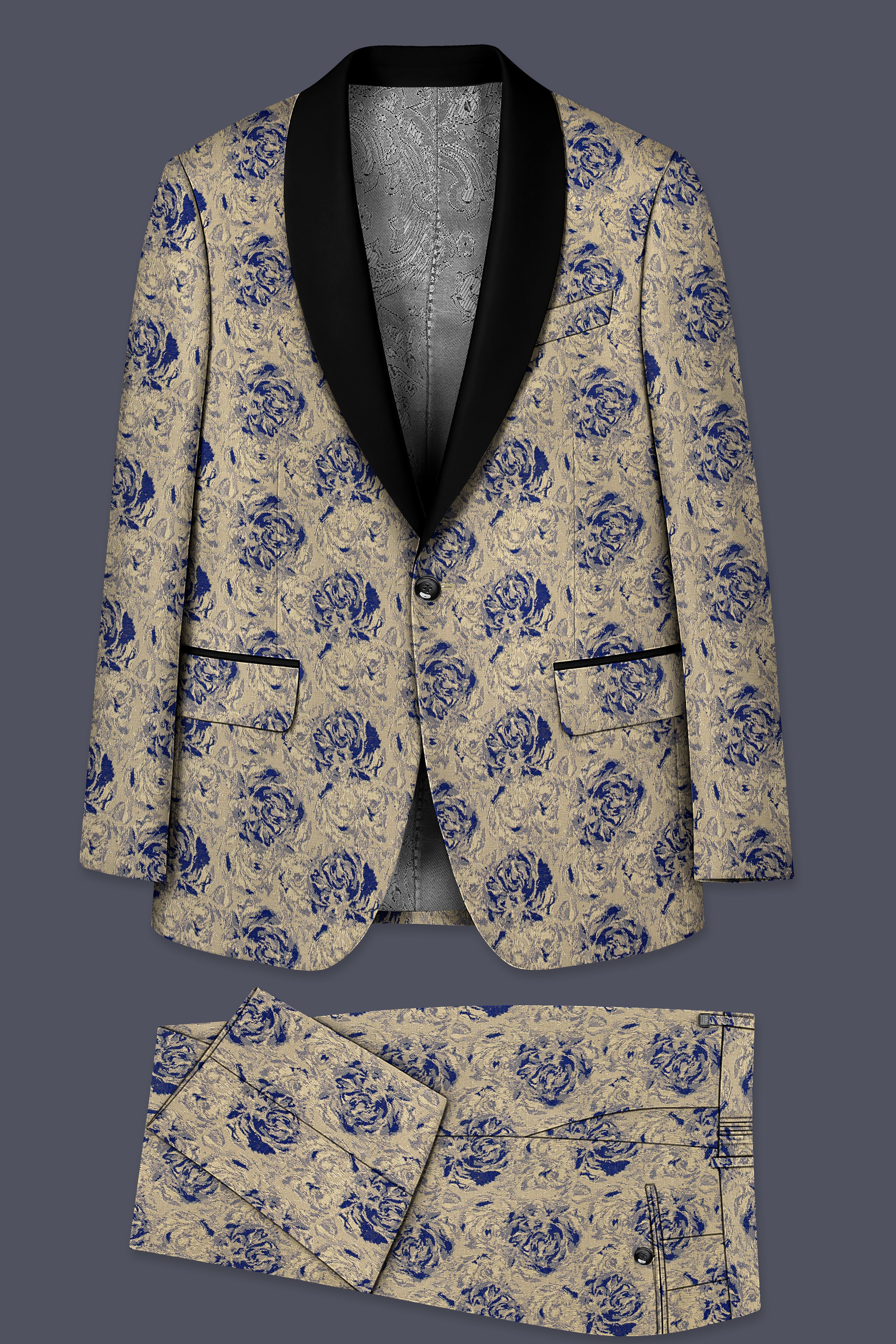 Jacqoro-Gravel Blue and Golden Jacquard Textured Tuxedo Suit