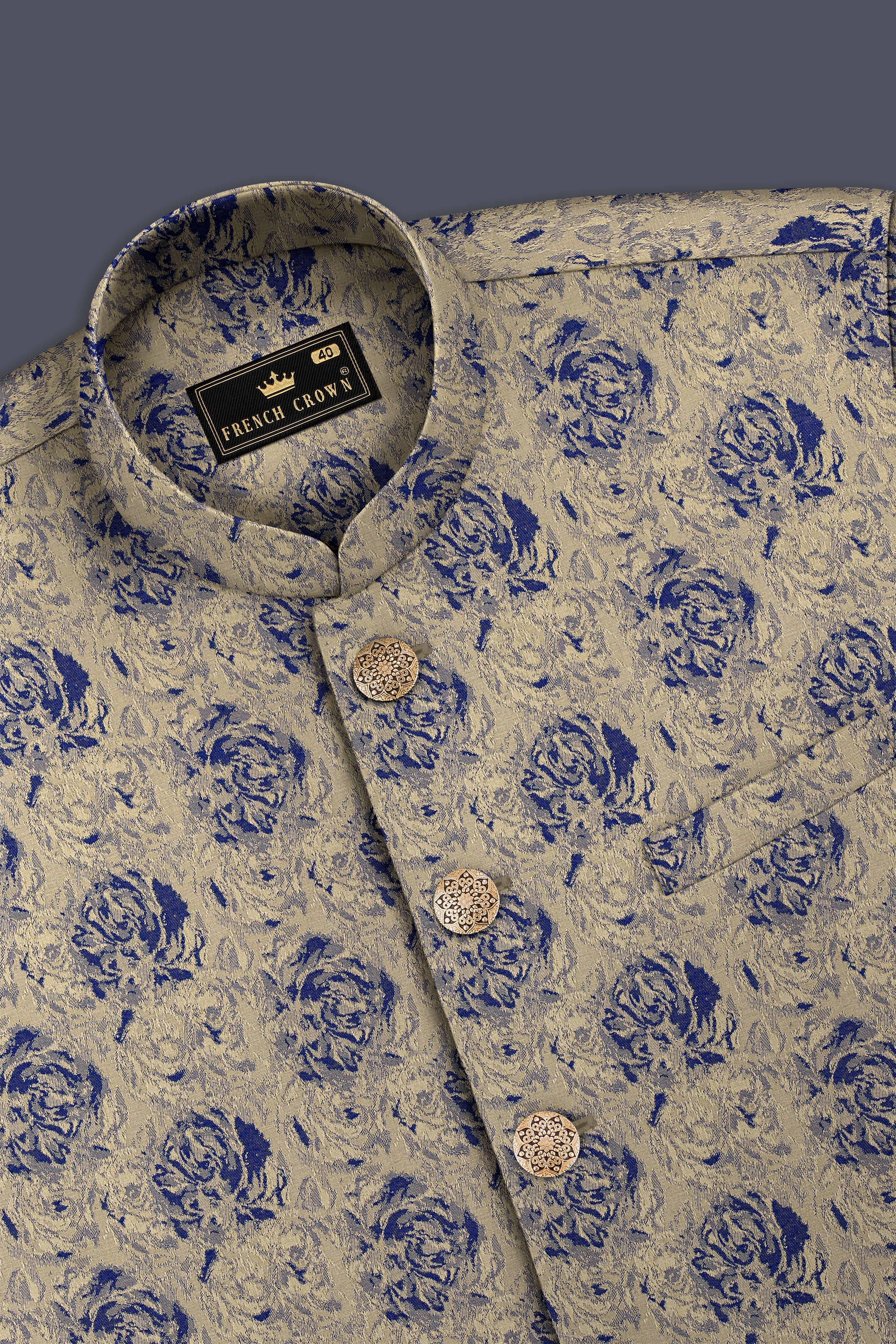 Jacqoro-Gravel Blue and Golden Jacquard Textured Tuxedo Suit