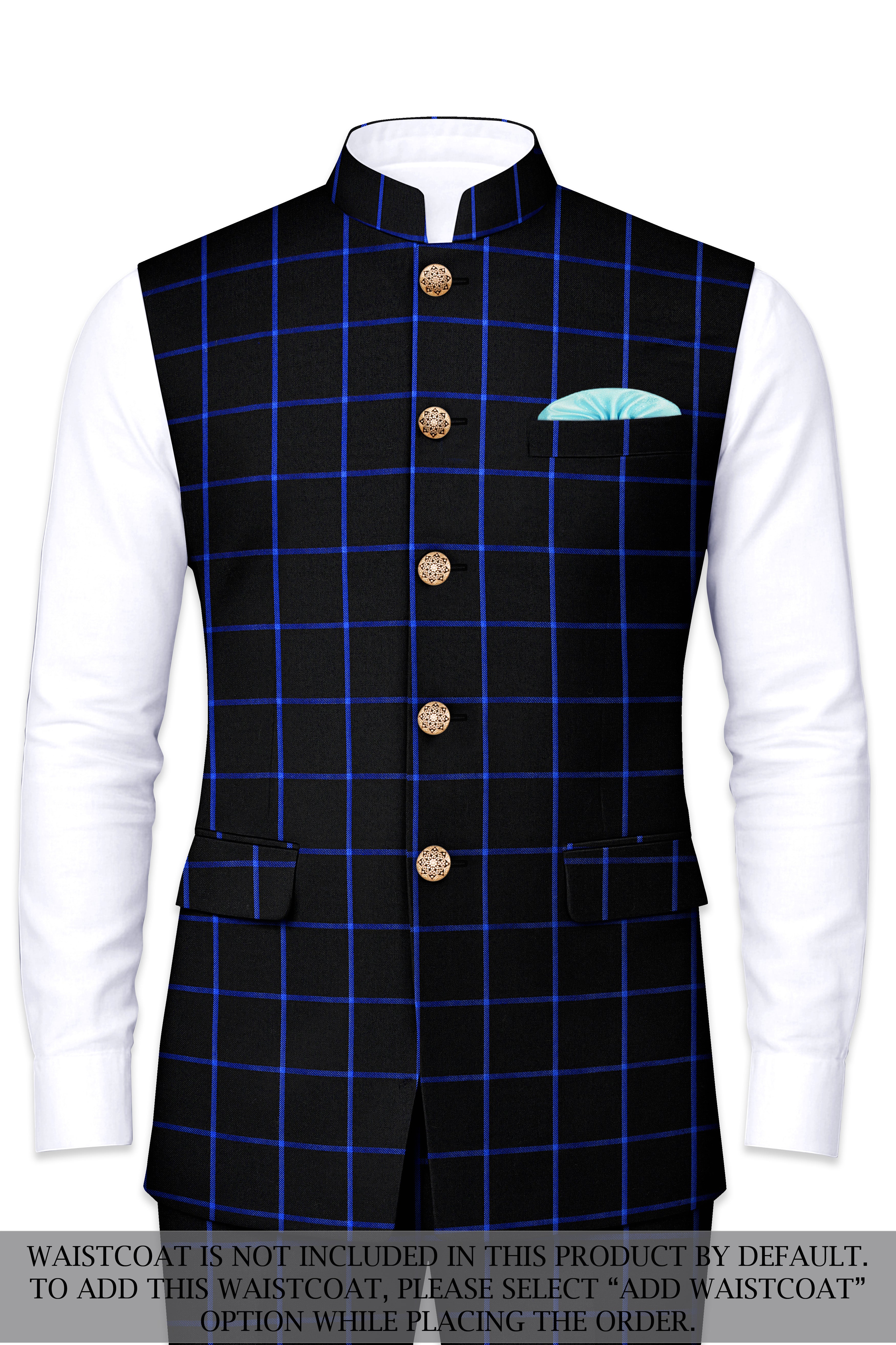 Panevoro-Jade Black With Cerulean Blue Windowpane Wool Rich Bandhgala Suit