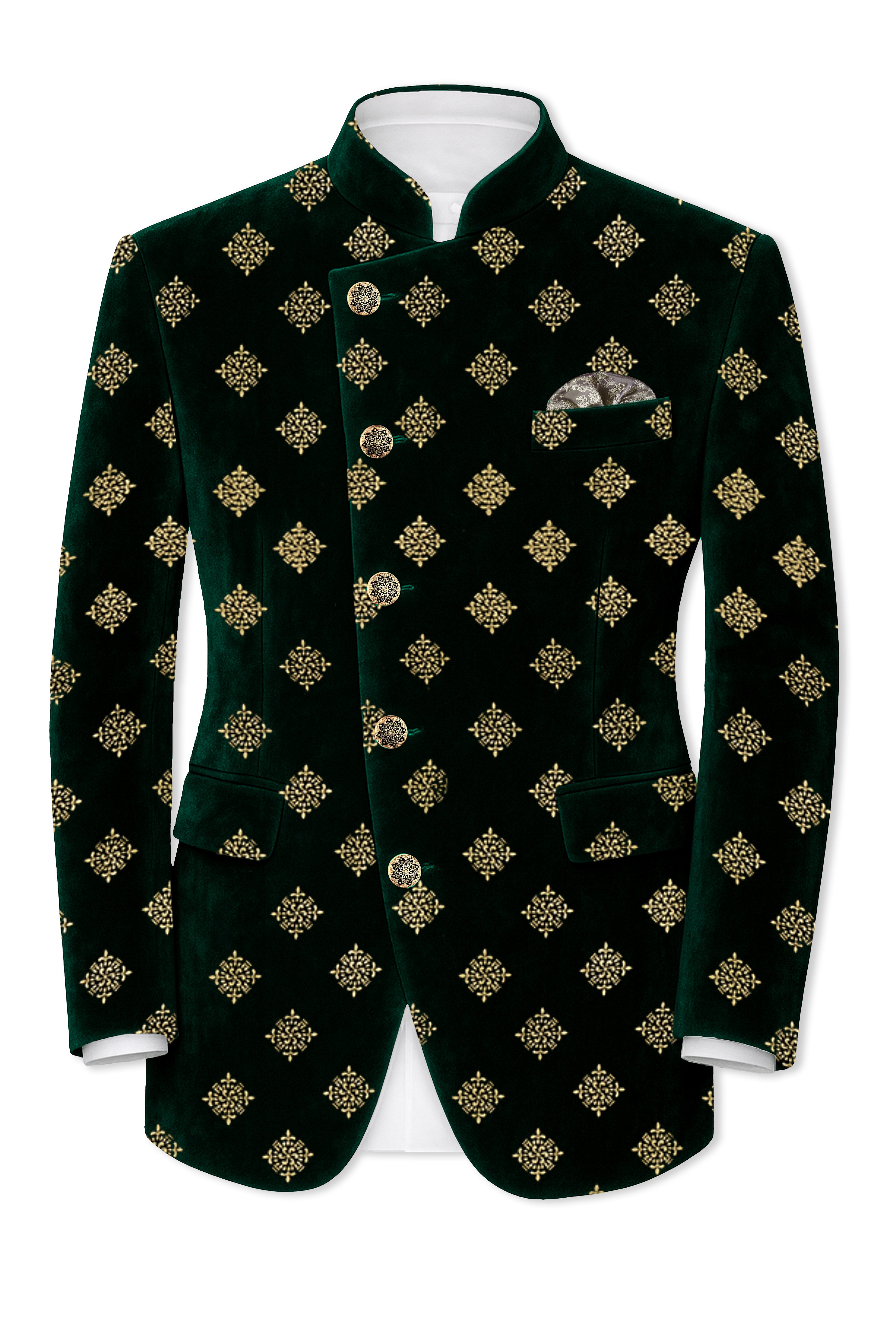 Verdoro-Gordons Green Textured Velvet Cross Placket Bandhgala Suit