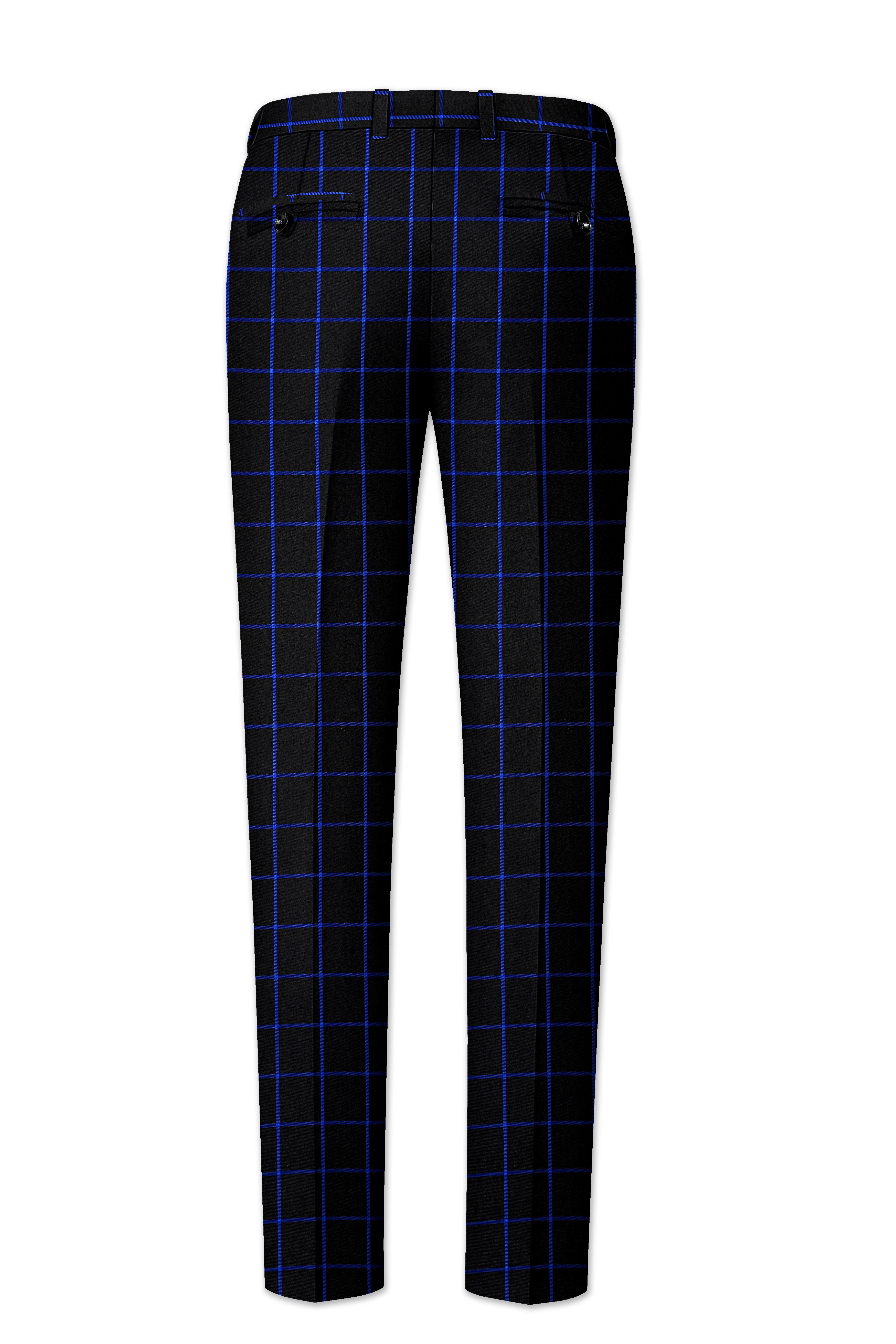 Panevoro-Jade Black With Cerulean Blue Windowpane Wool Rich Tuxedo Suit