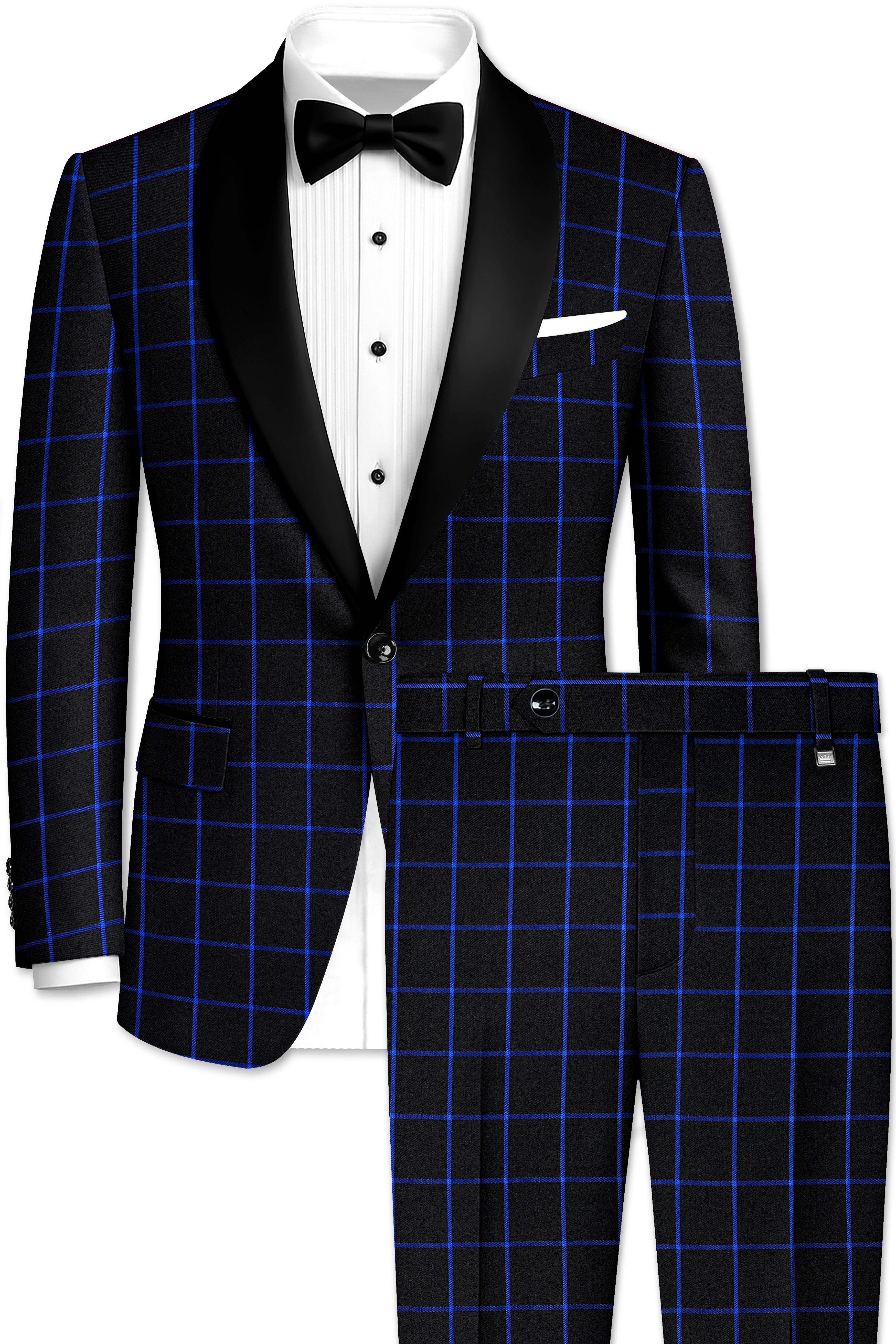 Panevoro-Jade Black With Cerulean Blue Windowpane Wool Rich Tuxedo Suit