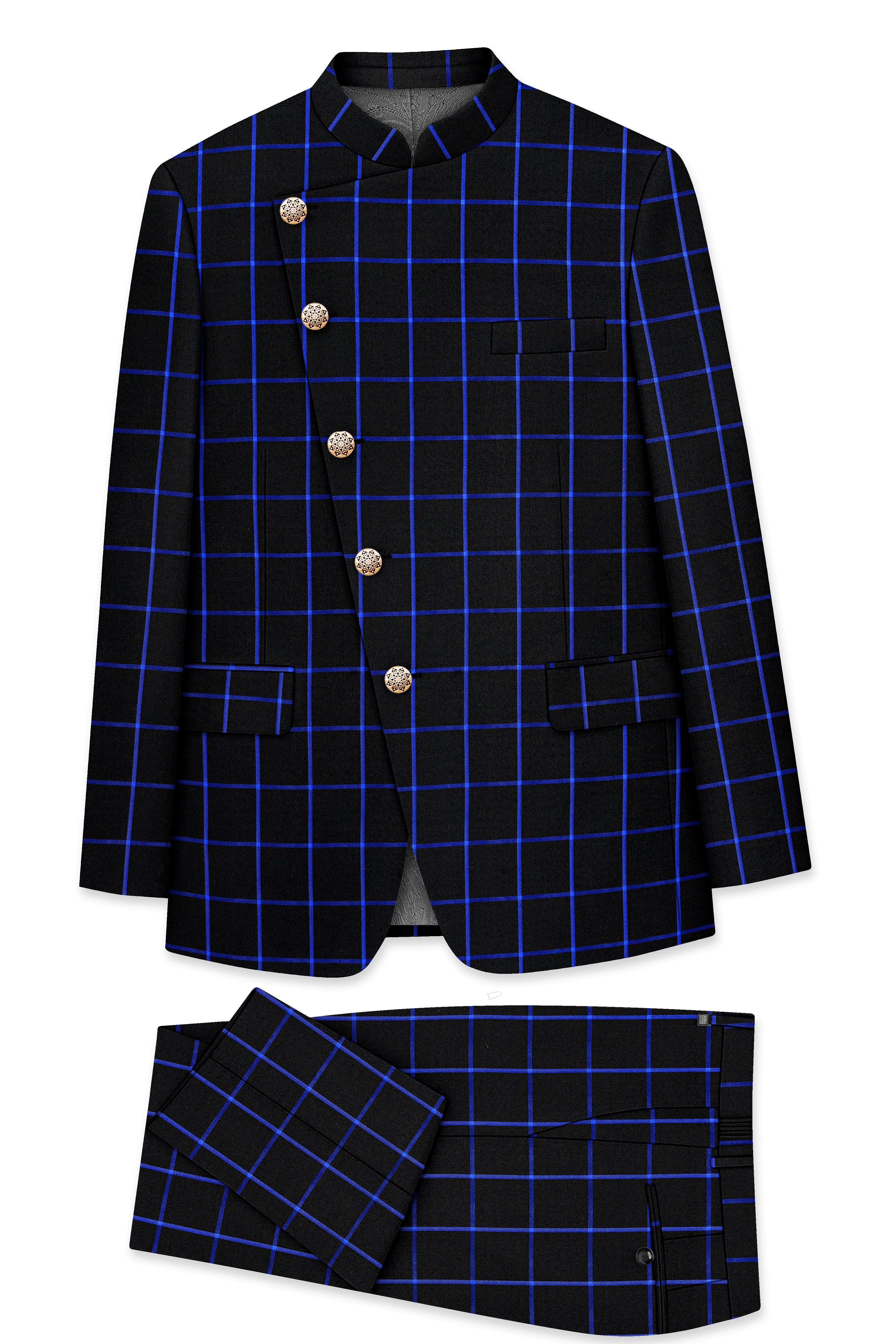 Panevoro-Jade Black With Cerulean Blue Windowpane Wool Rich Cross Placket Bandhgala Suit