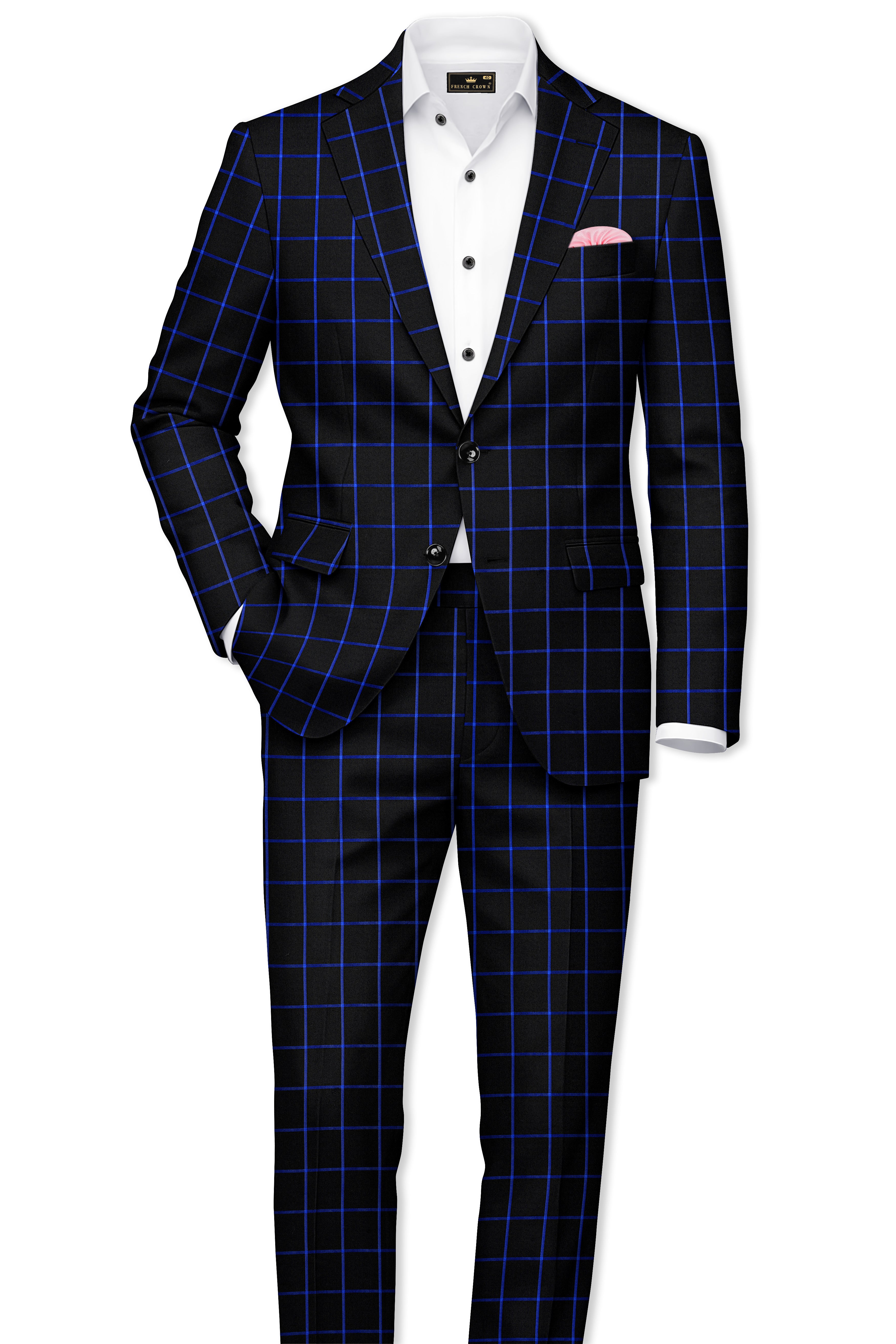 Panevoro-Jade Black With Cerulean Blue Windowpane Wool Rich Single Breasted Suit