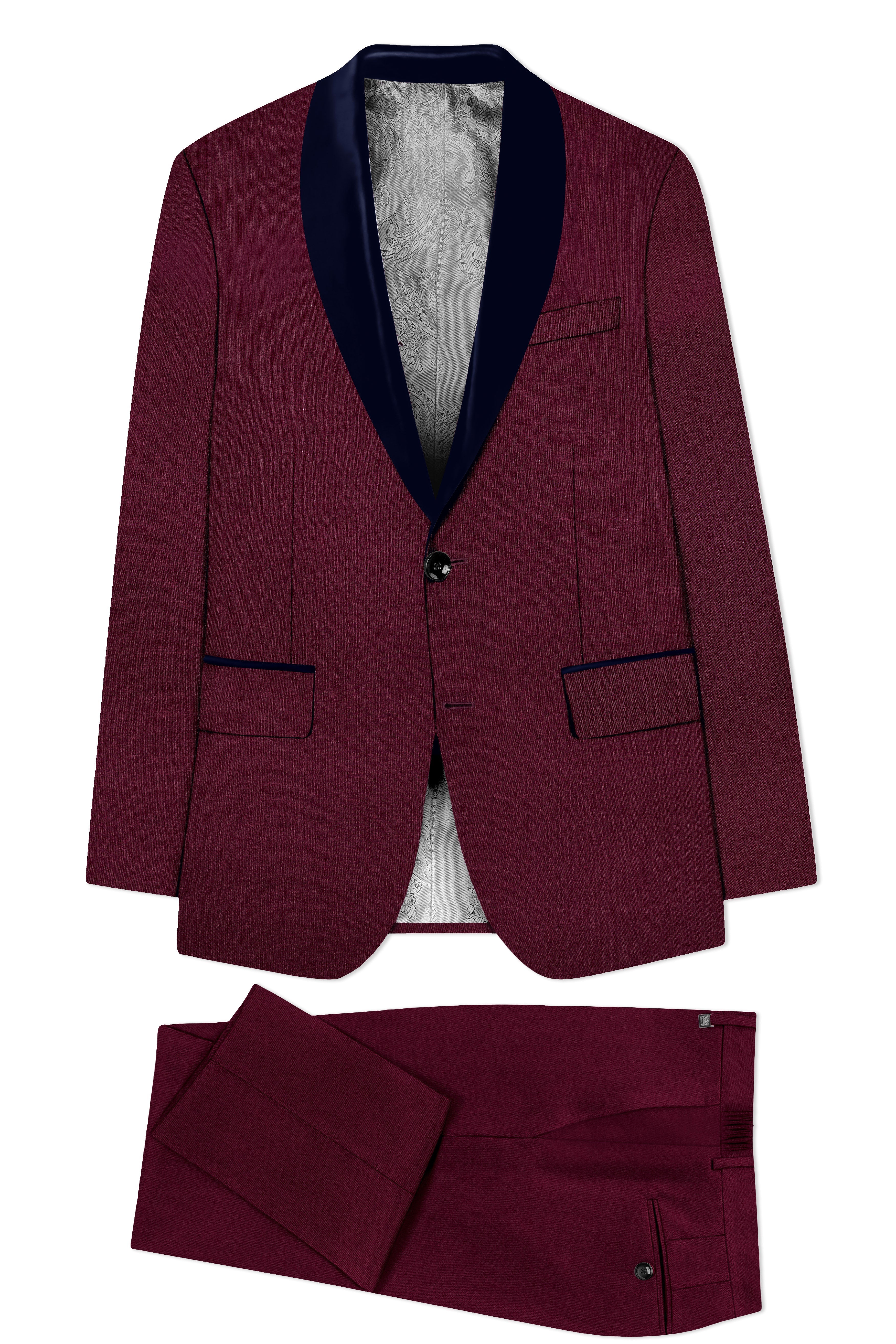 Regal Maroon-Tamarind With Blue Lepal Solid Wool Rich Tuxedo Suit