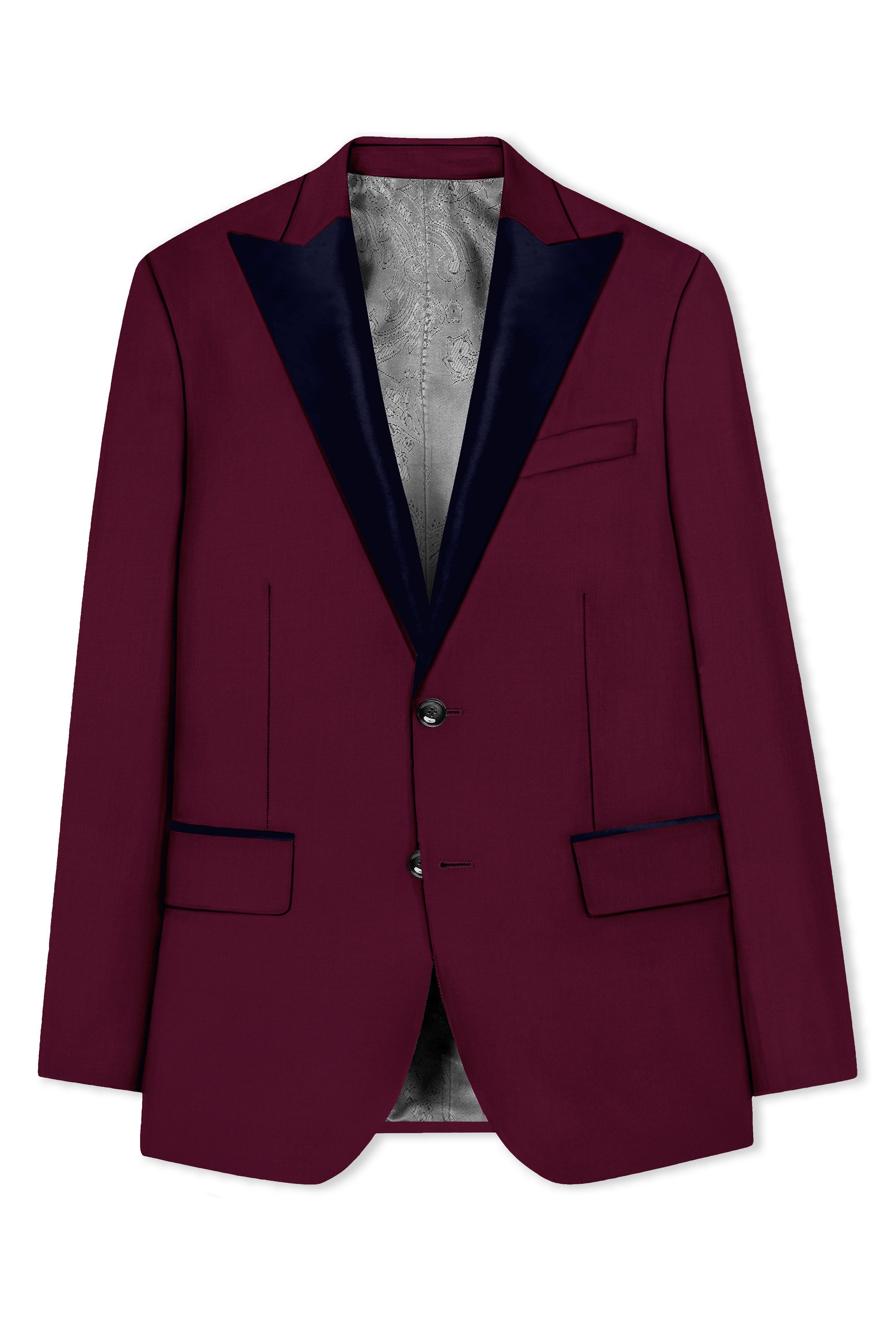 Regal Maroon-Tamarind With Blue Lepal Solid Wool Rich Peak Lapel Tuxedo Suit