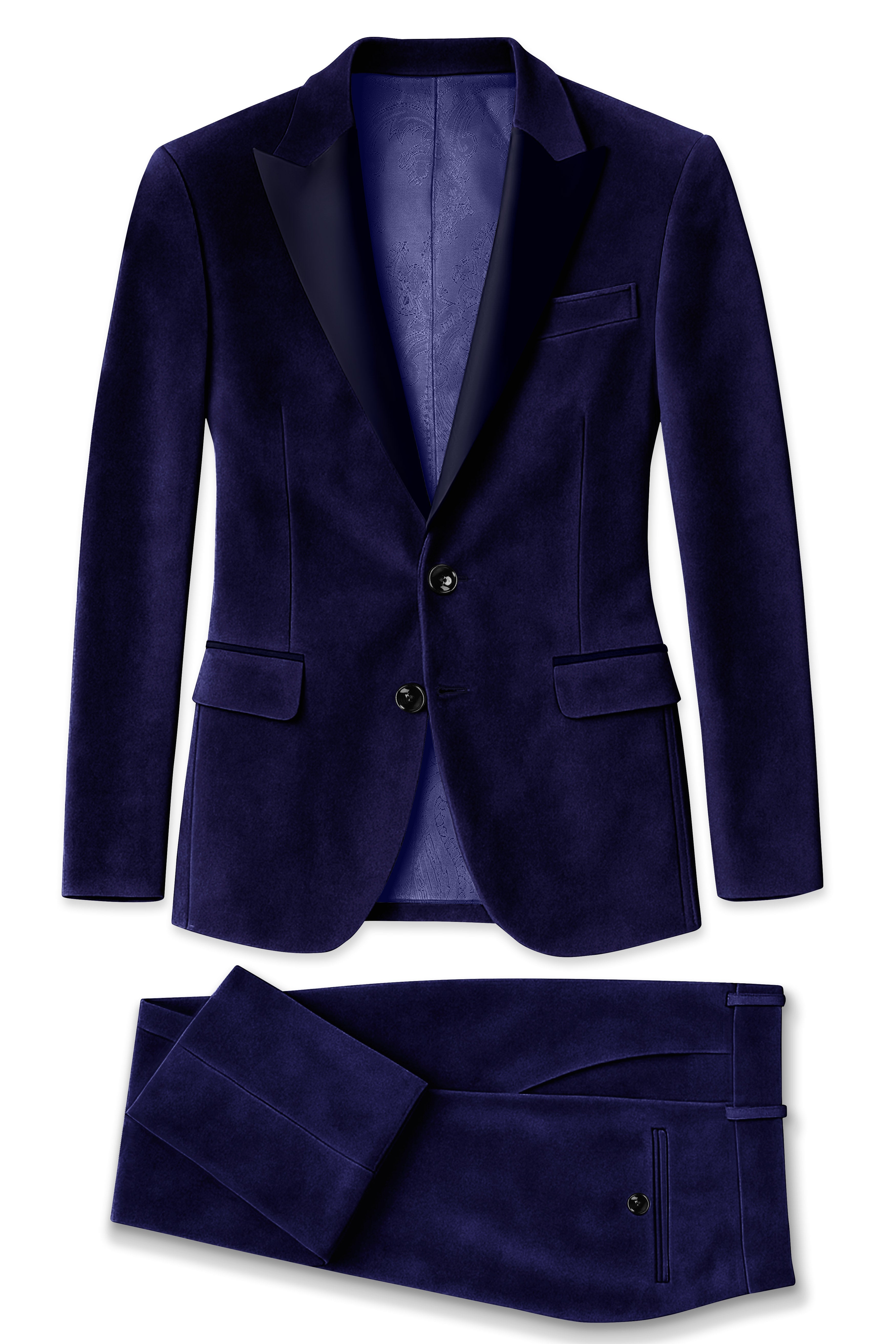Azurion-Royal Blue With Blue Lepal Velvet Peak Lapel Tuxedo Suit