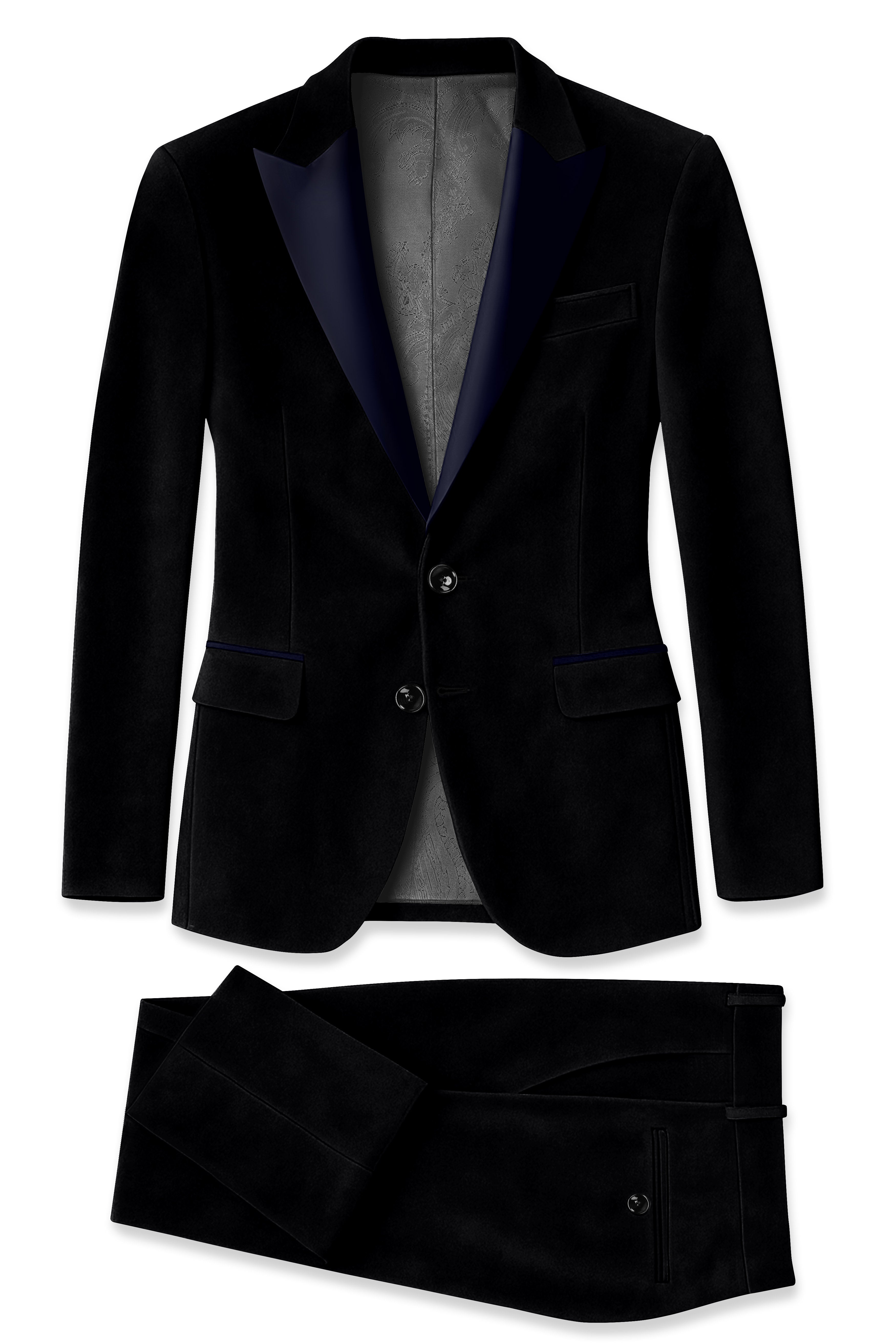 Jadevel-Jade Black With Blue Peak Lepal Velvet Tuxedo Suit
