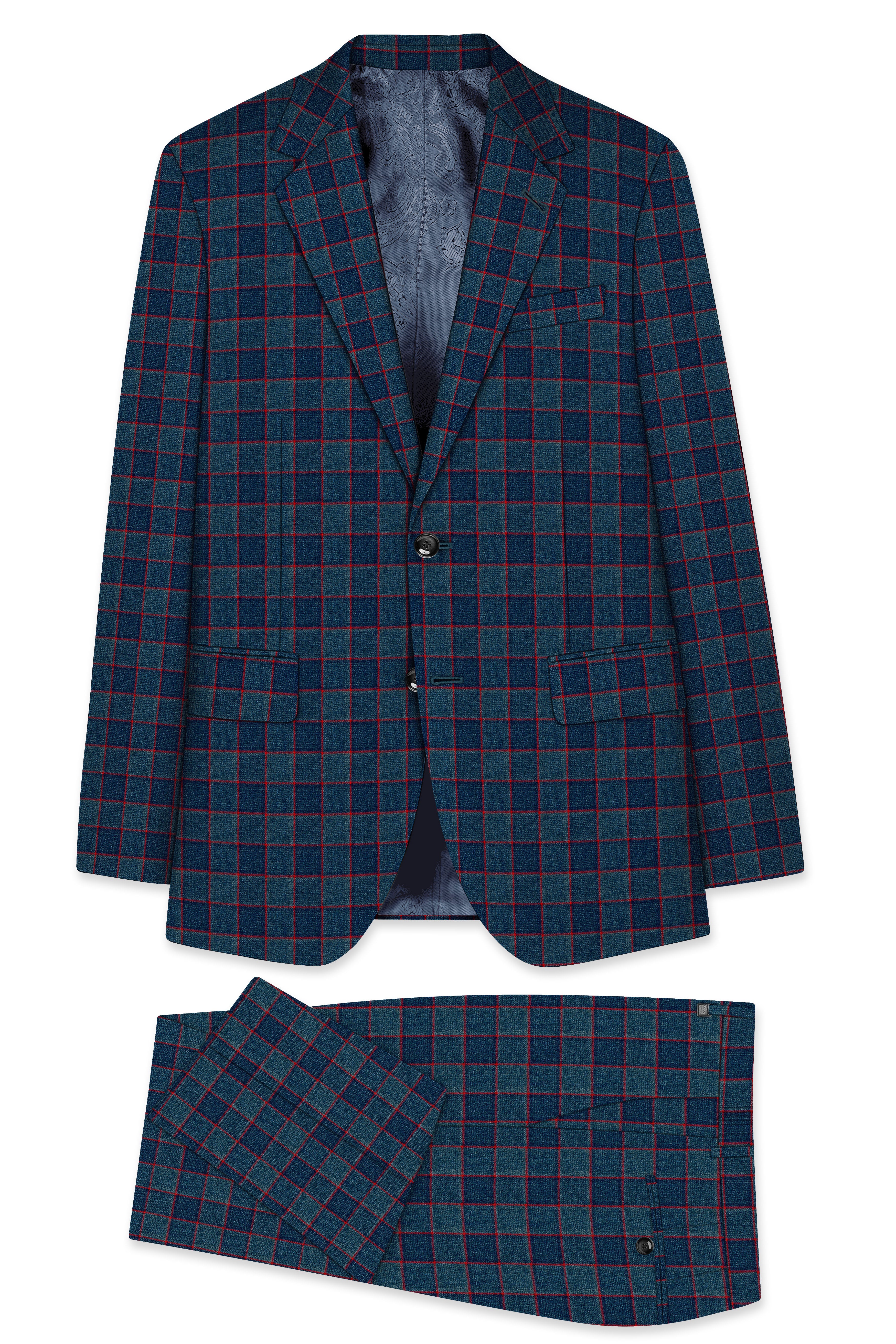 Panevoro-Vintage Blue Windowpane Premium Cotton Single Breasted Suit