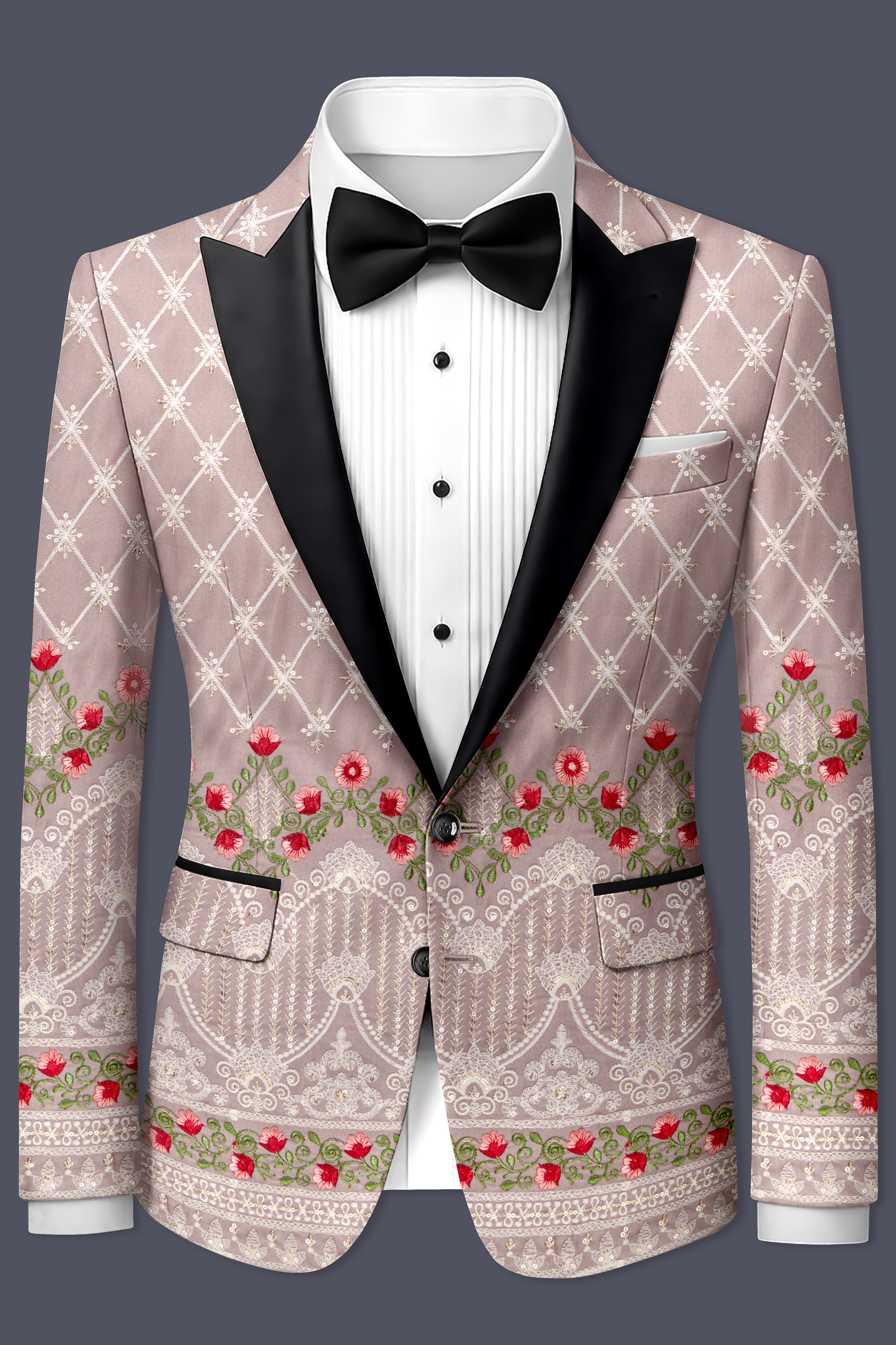 Luminza-Martini Cream Merlot Red Multicolour Thread and Sequin Embroidered Designer Peak Lapel Tuxedo Suit