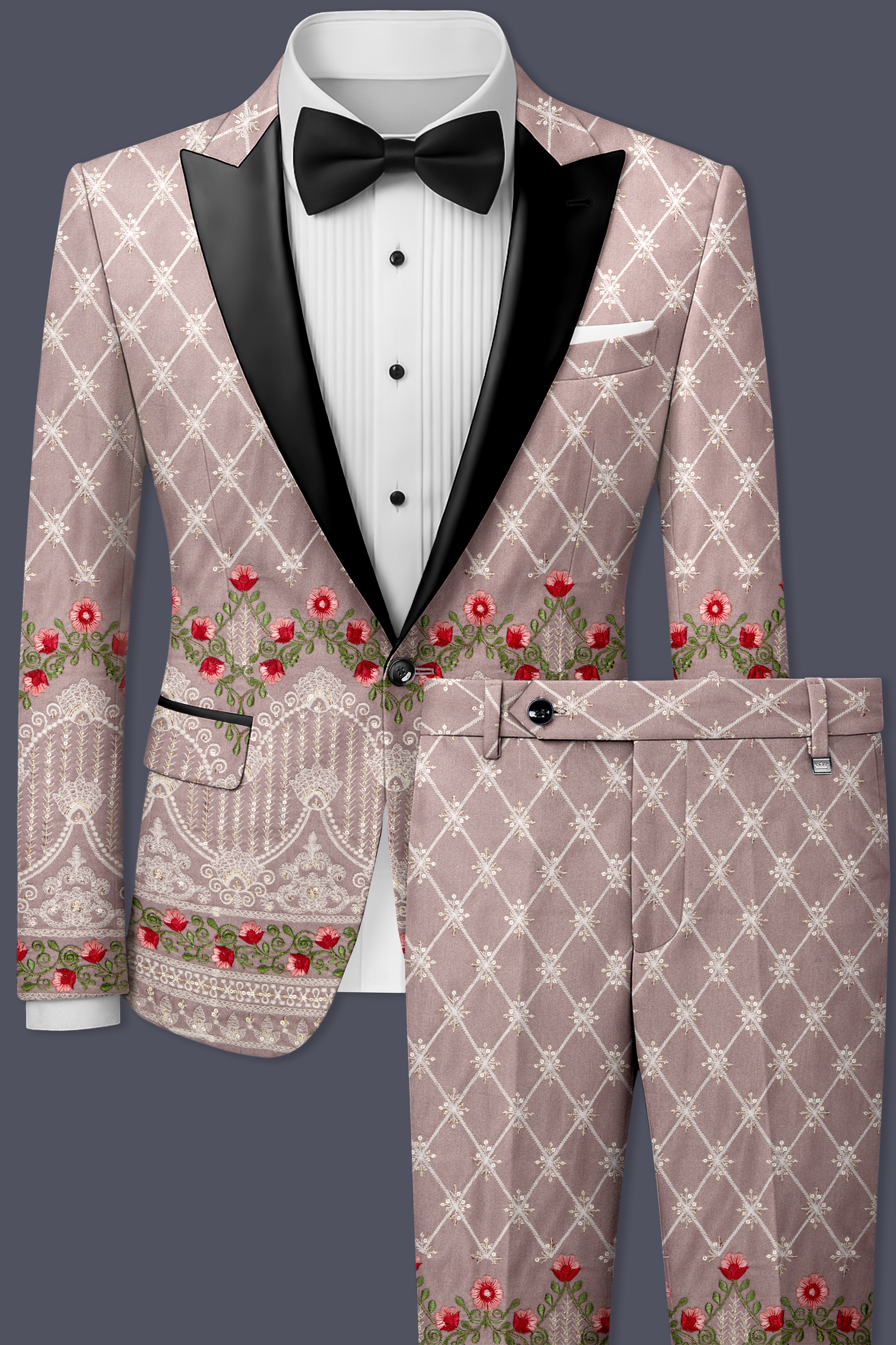Luminza-Martini Cream Merlot Red Multicolour Thread and Sequin Embroidered Designer Peak Lapel Tuxedo Suit