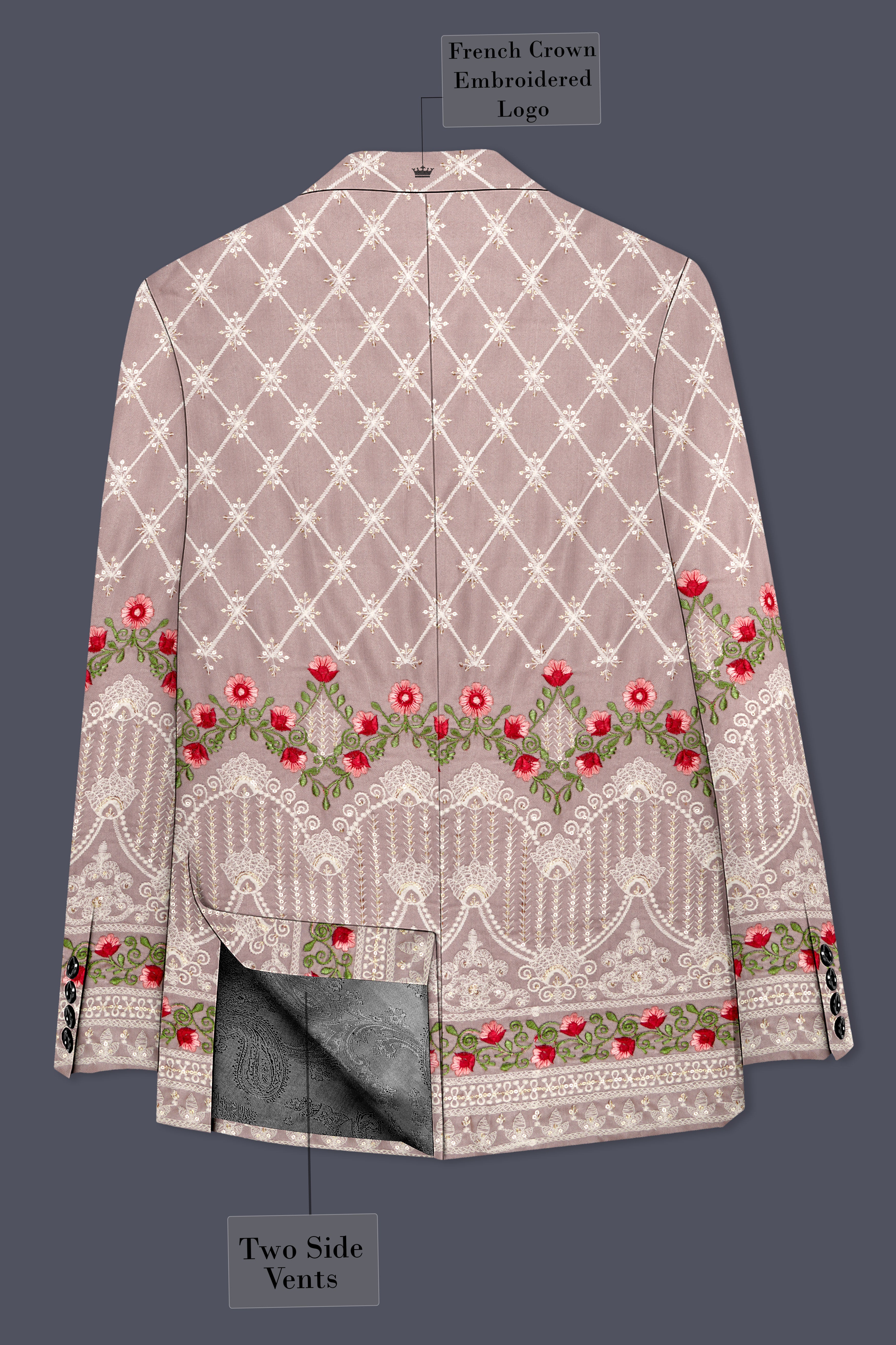 Luminza-Martini Cream Merlot Red Multicolour Thread and Sequin Embroidered Designer Peak Lapel Tuxedo Suit