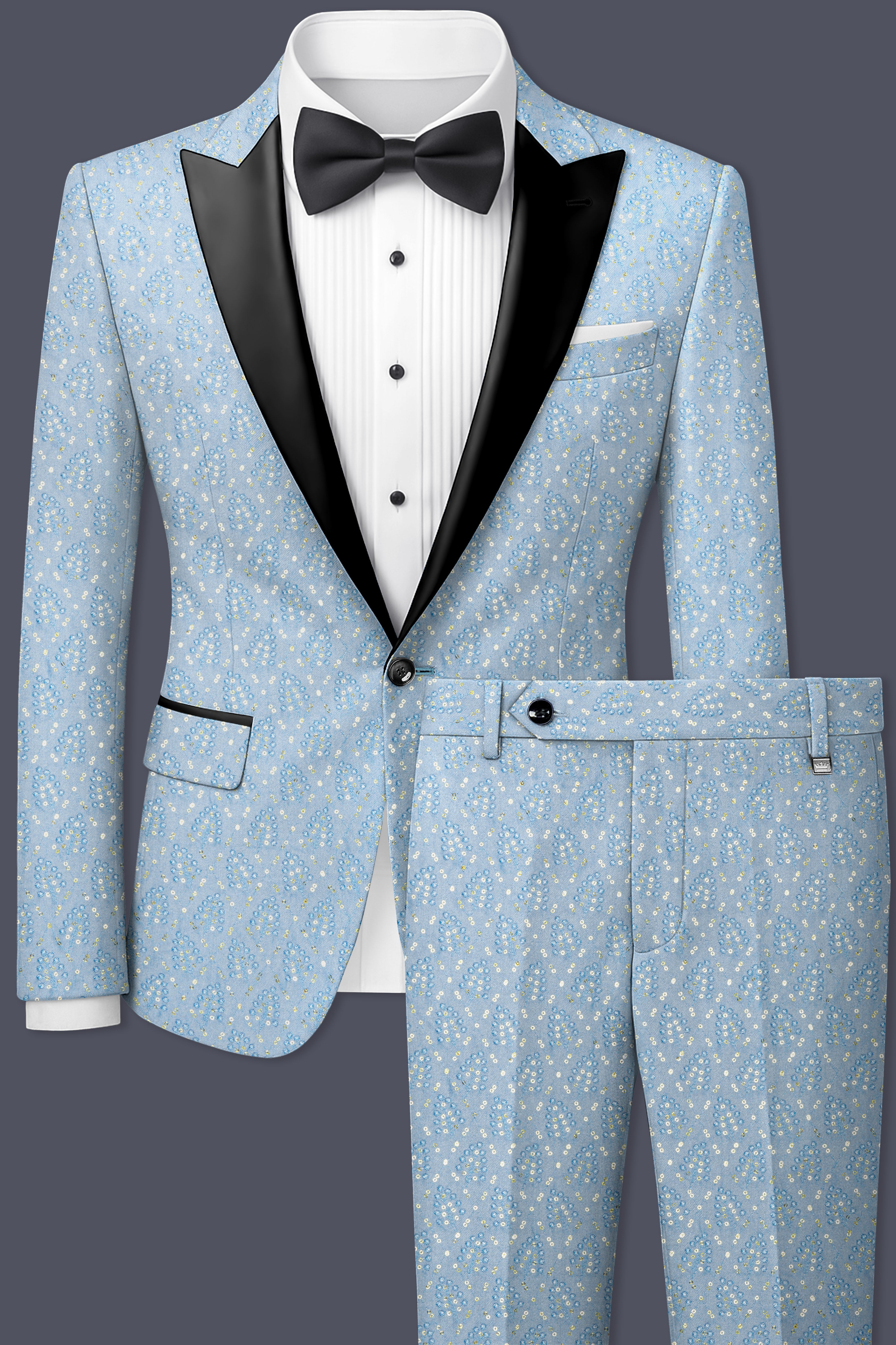 Azurora-Carolina Blue Thread and Sequin Embroidered Designer Peak Lapel Tuxedo Suit