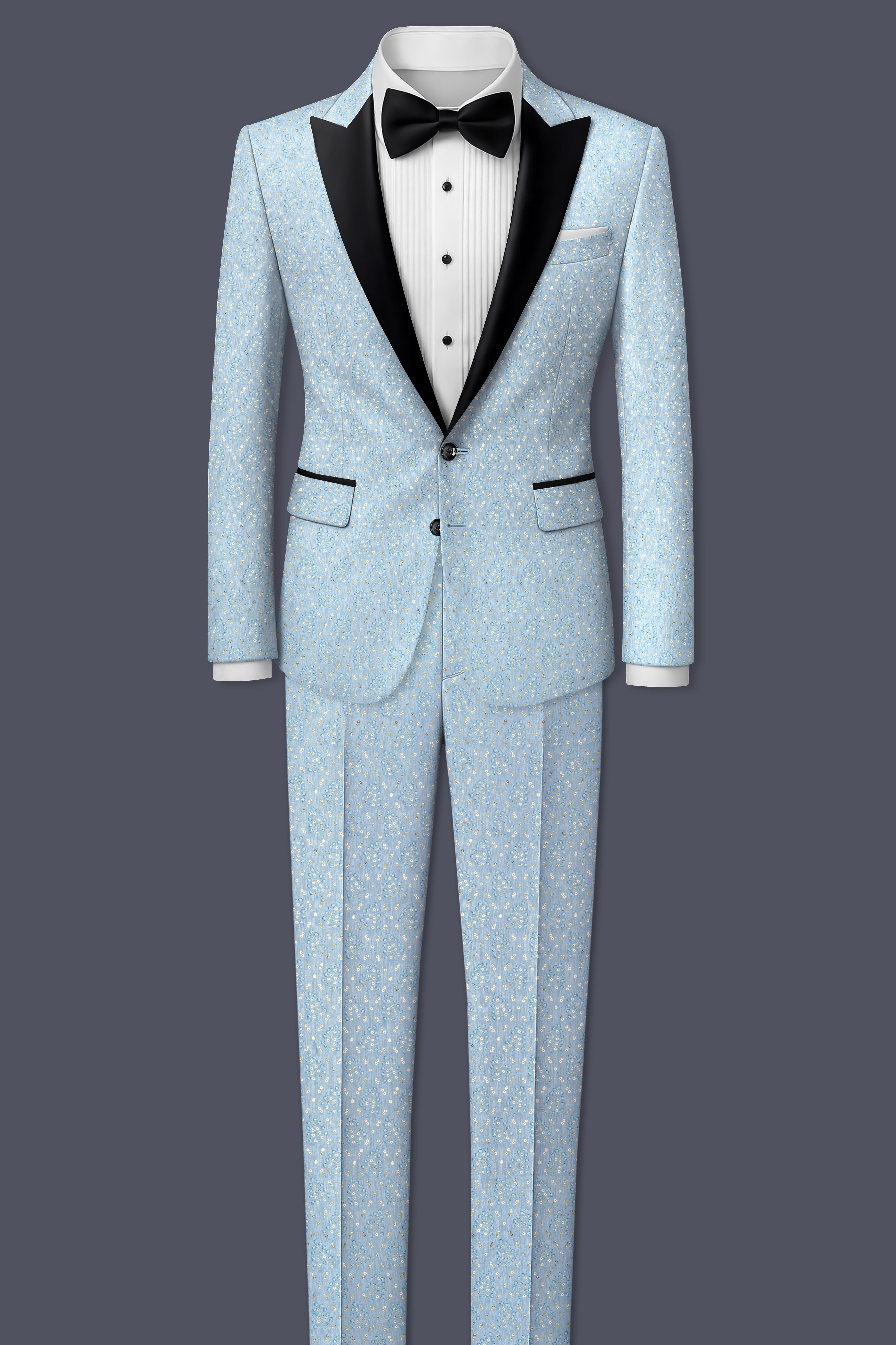 Azurora-Carolina Blue Thread and Sequin Embroidered Designer Peak Lapel Tuxedo Suit
