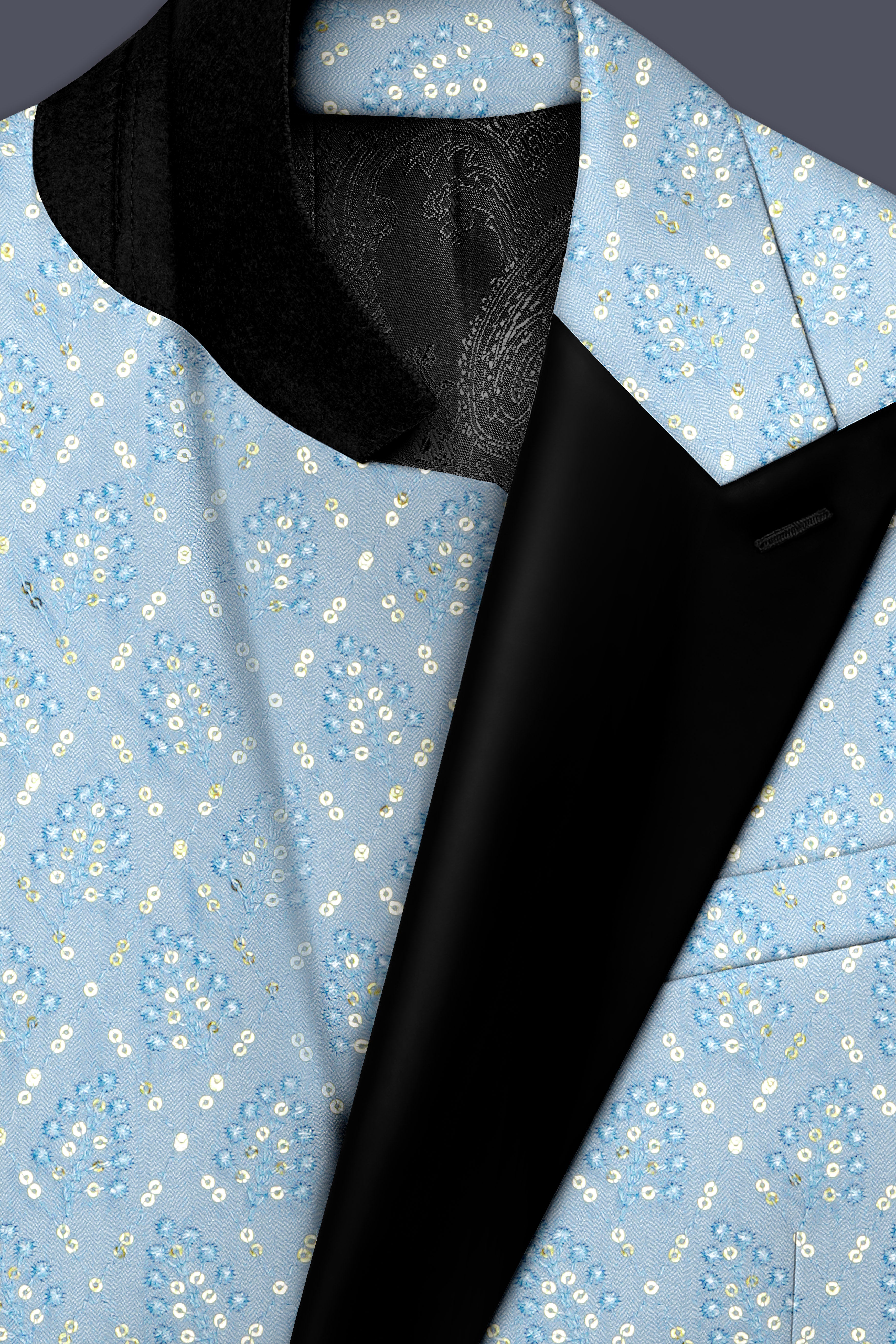 Azurora-Carolina Blue Thread and Sequin Embroidered Designer Peak Lapel Tuxedo Suit