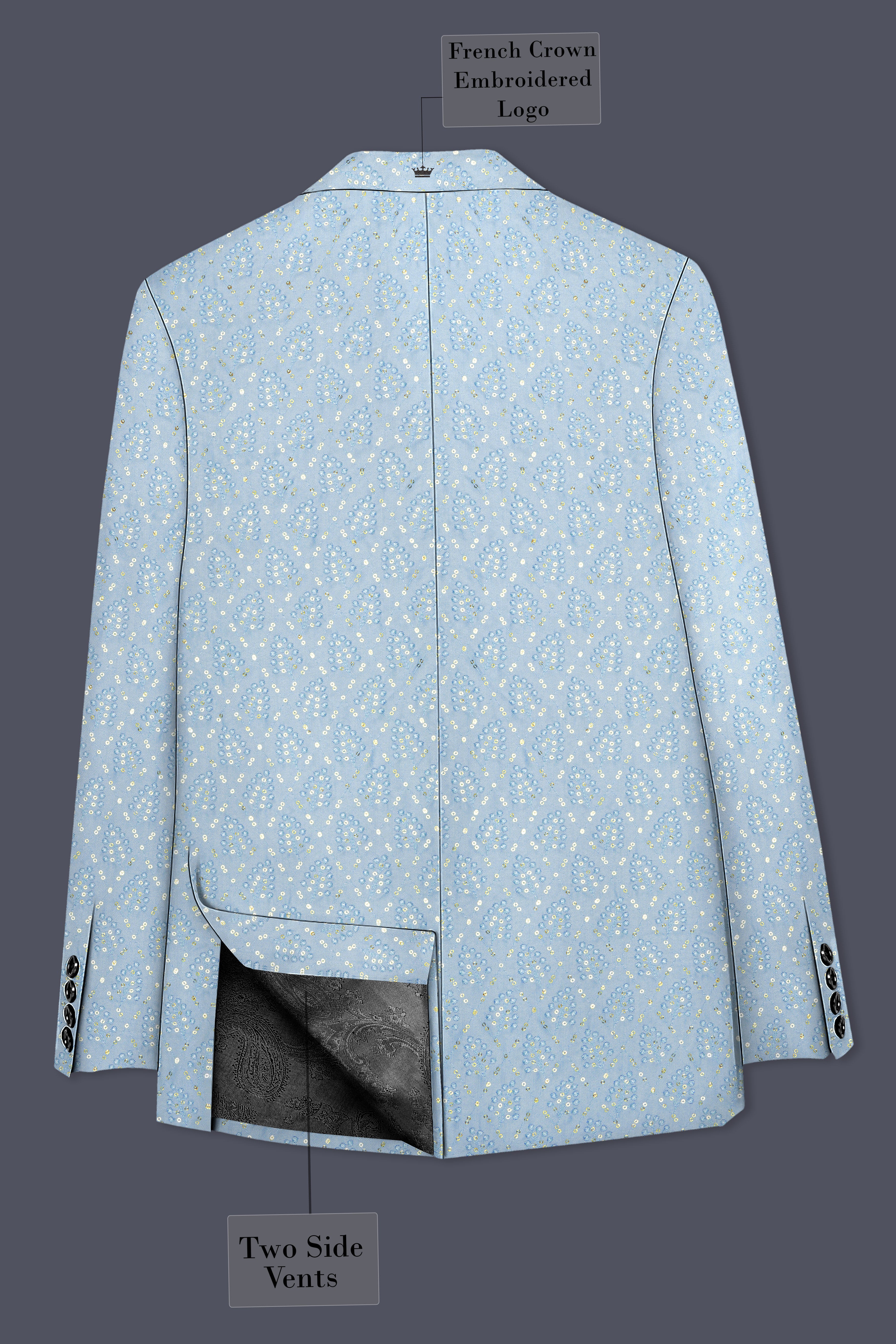 Azurora-Carolina Blue Thread and Sequin Embroidered Designer Peak Lapel Tuxedo Suit