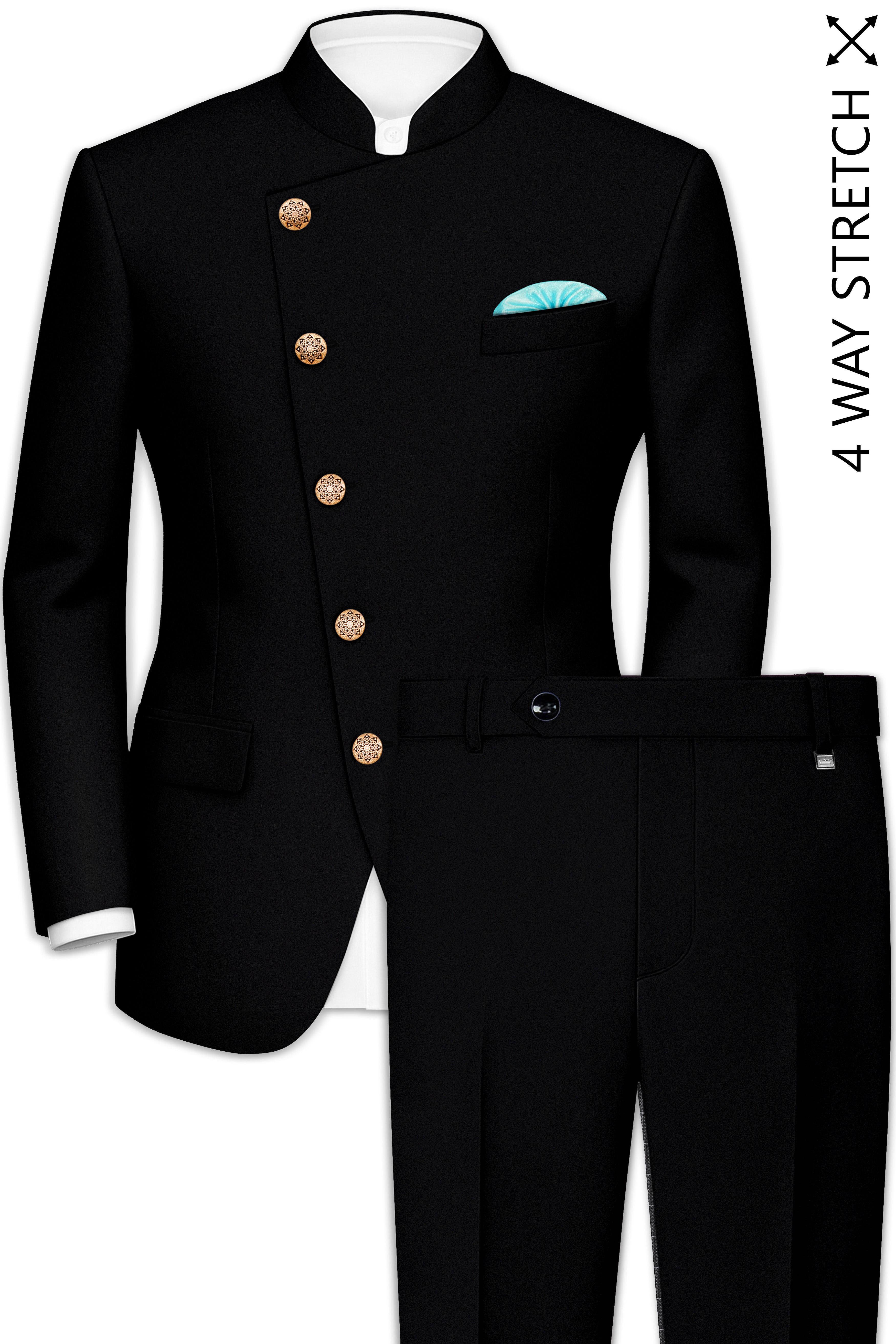 Kuro-Japanese Jade Black 4-Way Stretch Wrinkle-Free Wool Rich Cross Placket Bandhgala Suit
