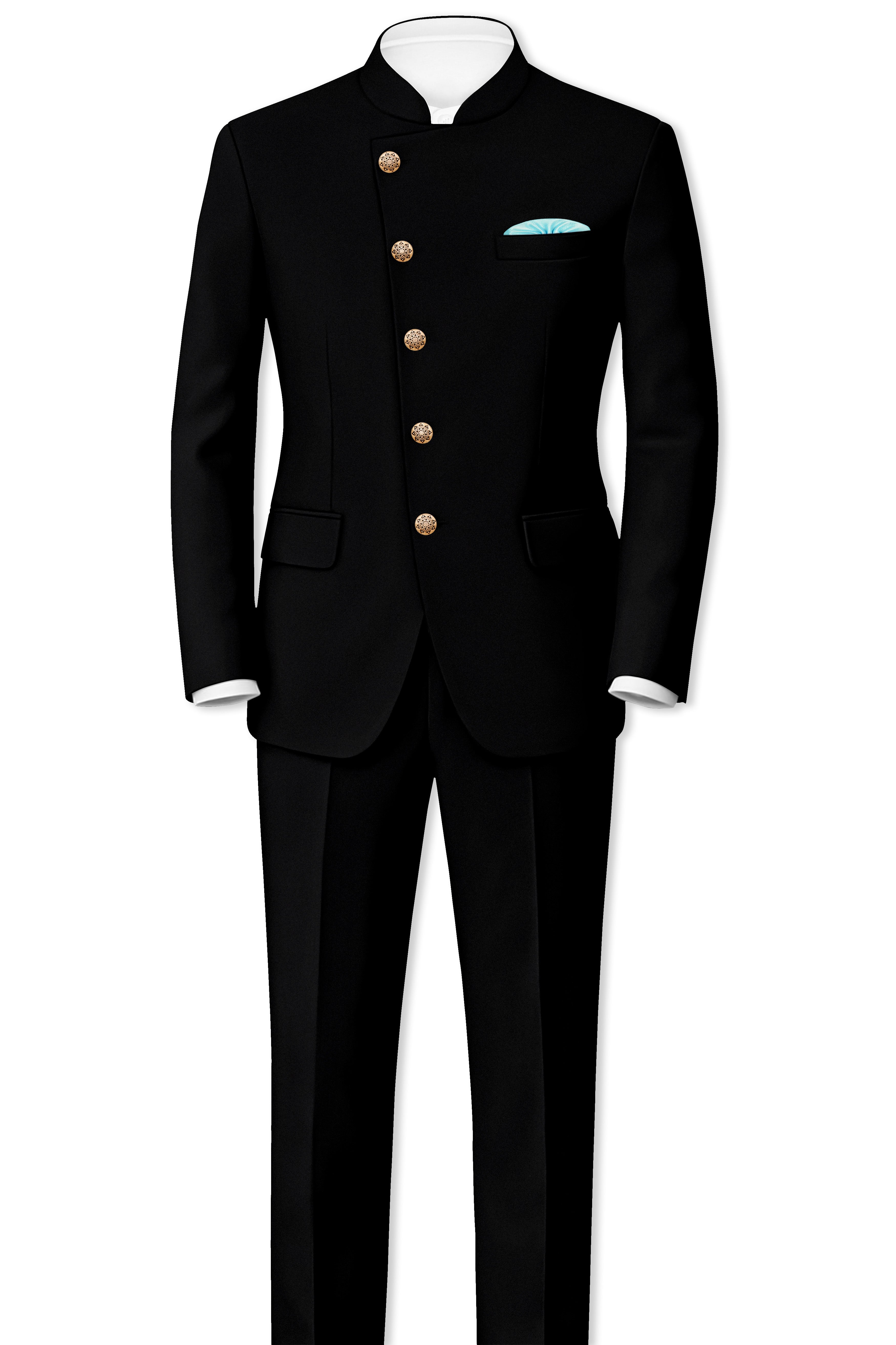 Kuro-Japanese Jade Black 4-Way Stretch Wrinkle-Free Wool Rich Cross Placket Bandhgala Suit