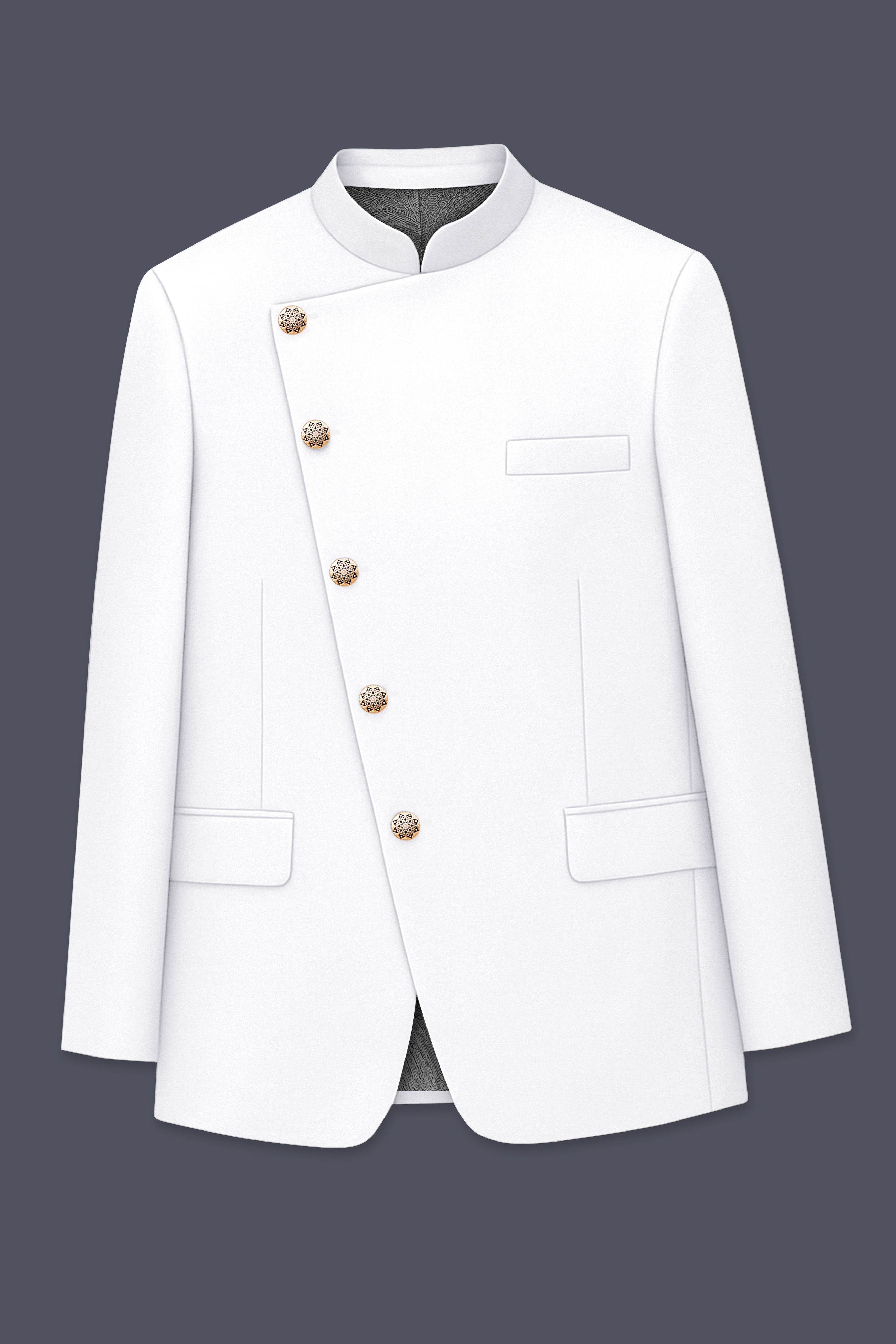 Shiro-Japanese Bright White 4-Way Stretch Wrinkle-Free Wool Rich Cross Placket Bandhgala Suit