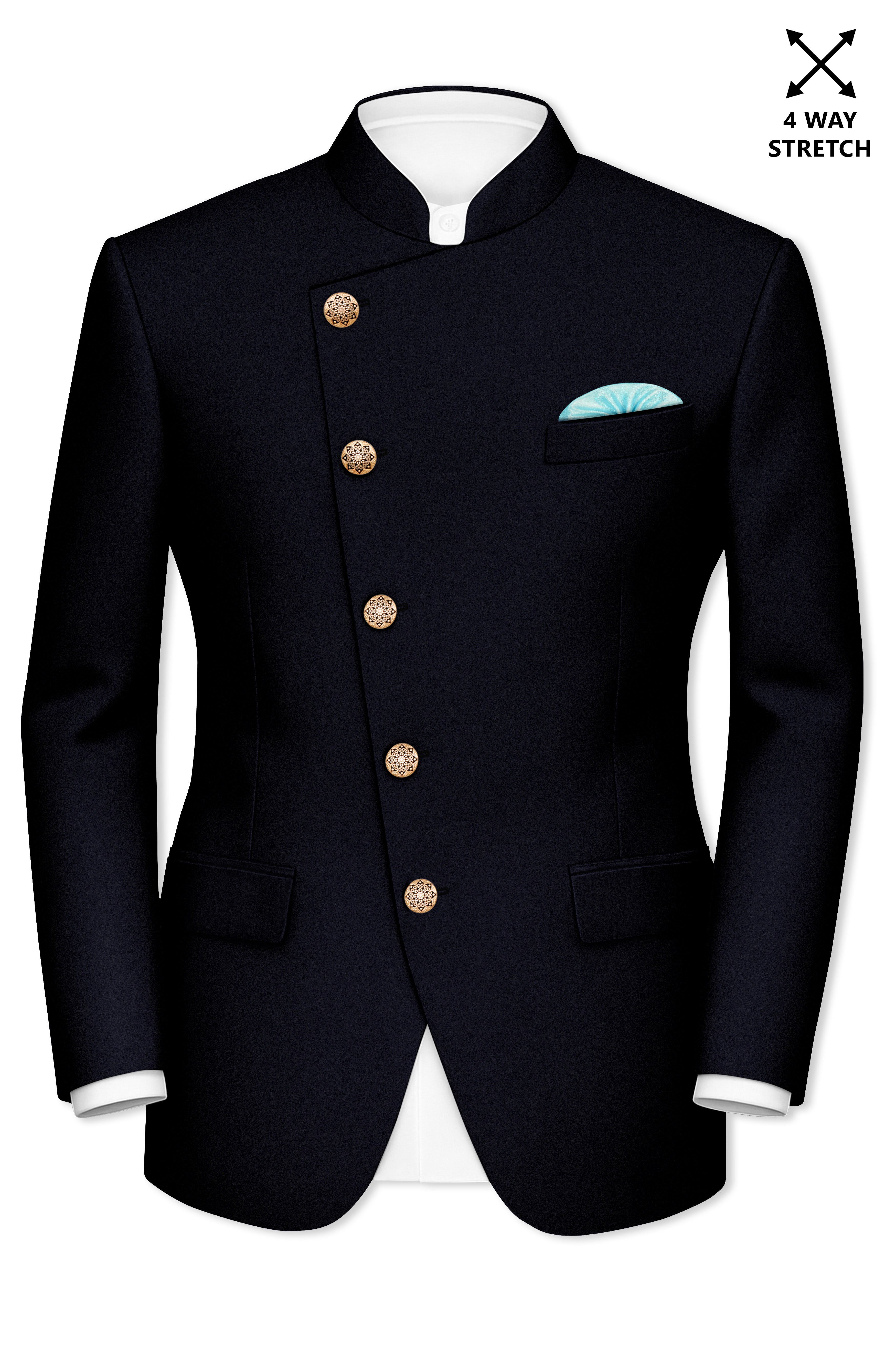Aozora-Japanese Marine Blue 4-Way Stretch Wrinkle-Free Wool Rich Cross Placket Bandhgala Suit