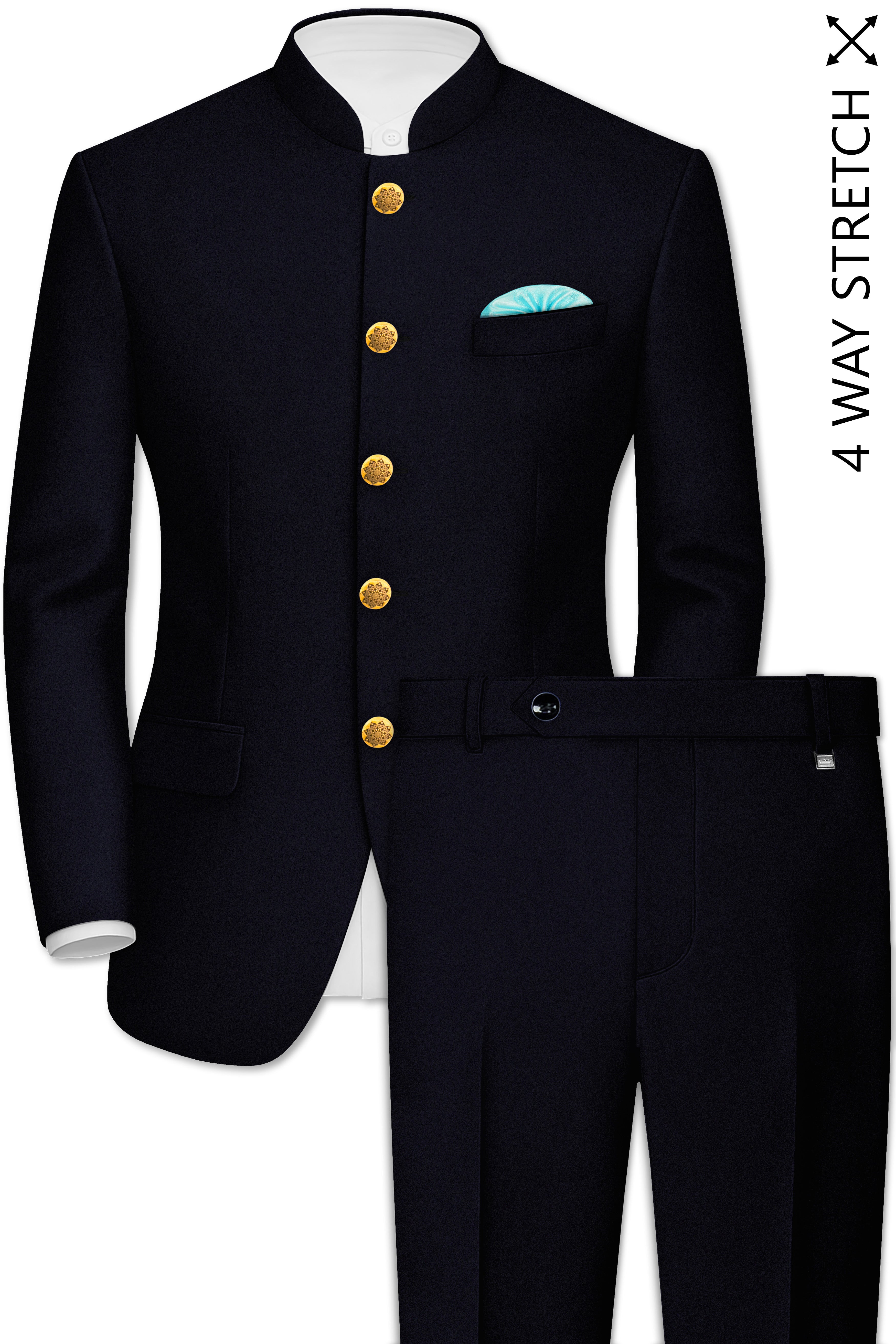 Aozora-Japanese Marine Blue 4-Way Stretch Wrinkle-Free Wool Rich Bandhgala Suit