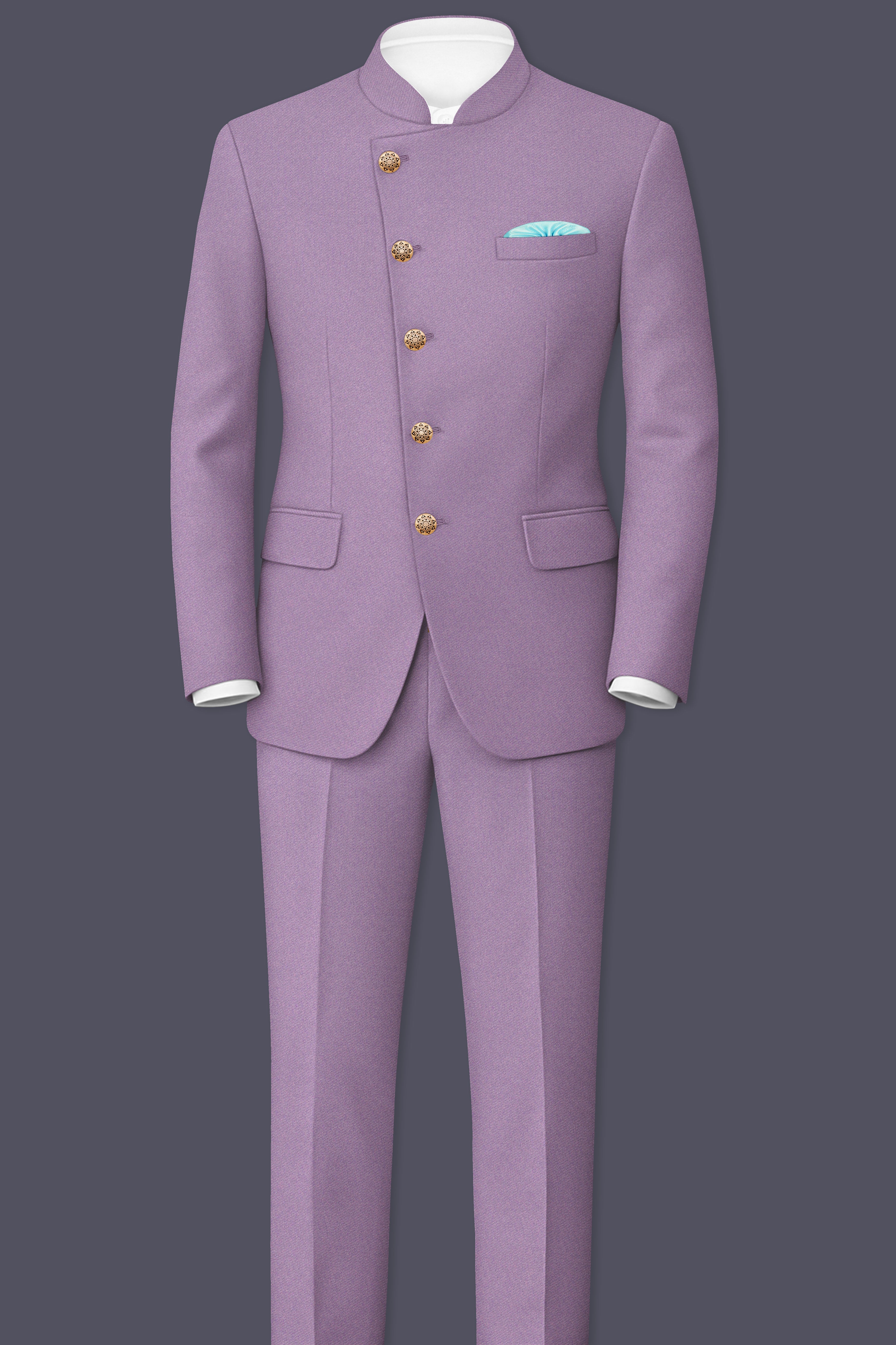 Violeto-Korean Mobster Purple 4-Way Stretch Wool Rich Cross Placket Bandhgala Suit