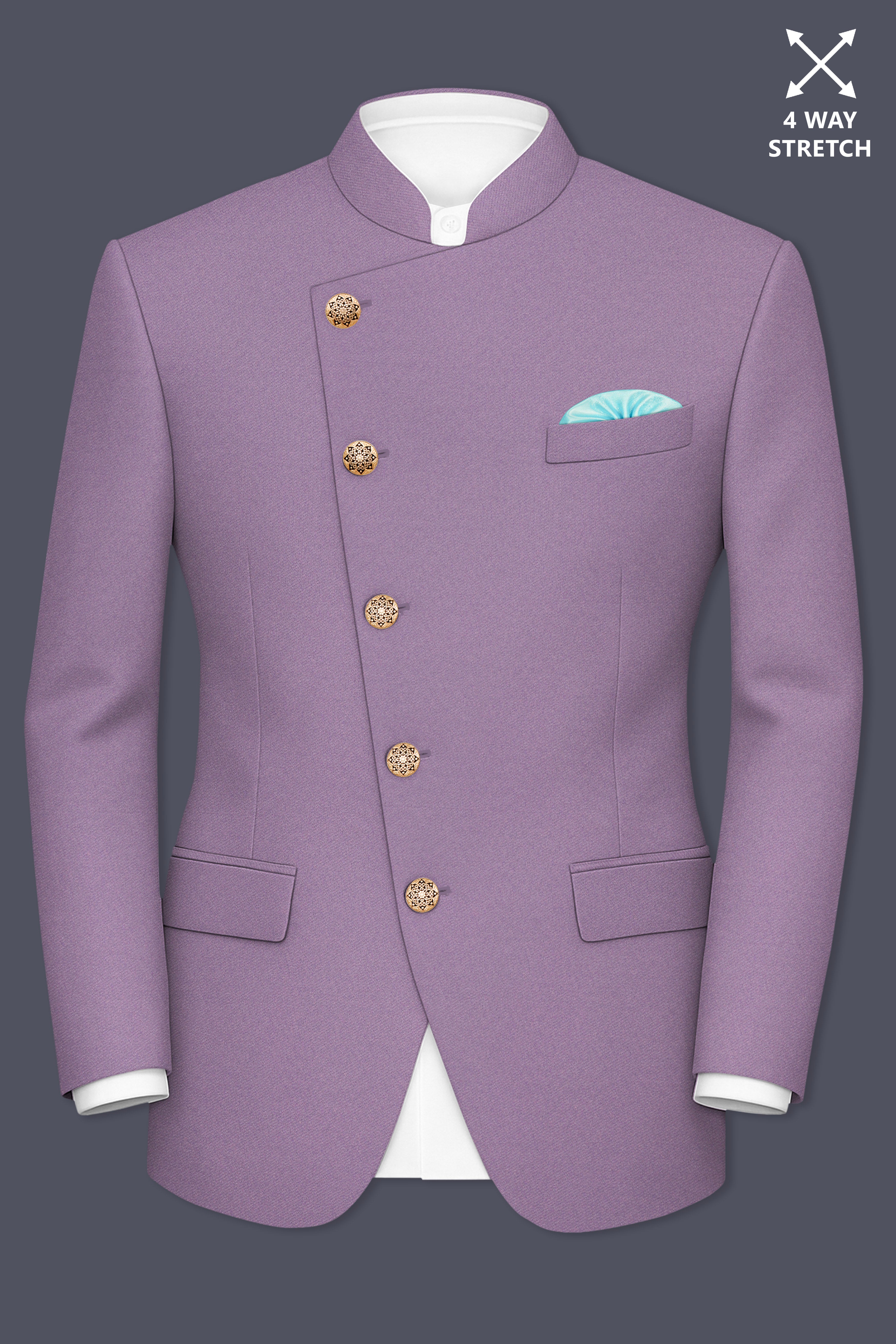 Violeto-Korean Mobster Purple 4-Way Stretch Wool Rich Cross Placket Bandhgala Suit