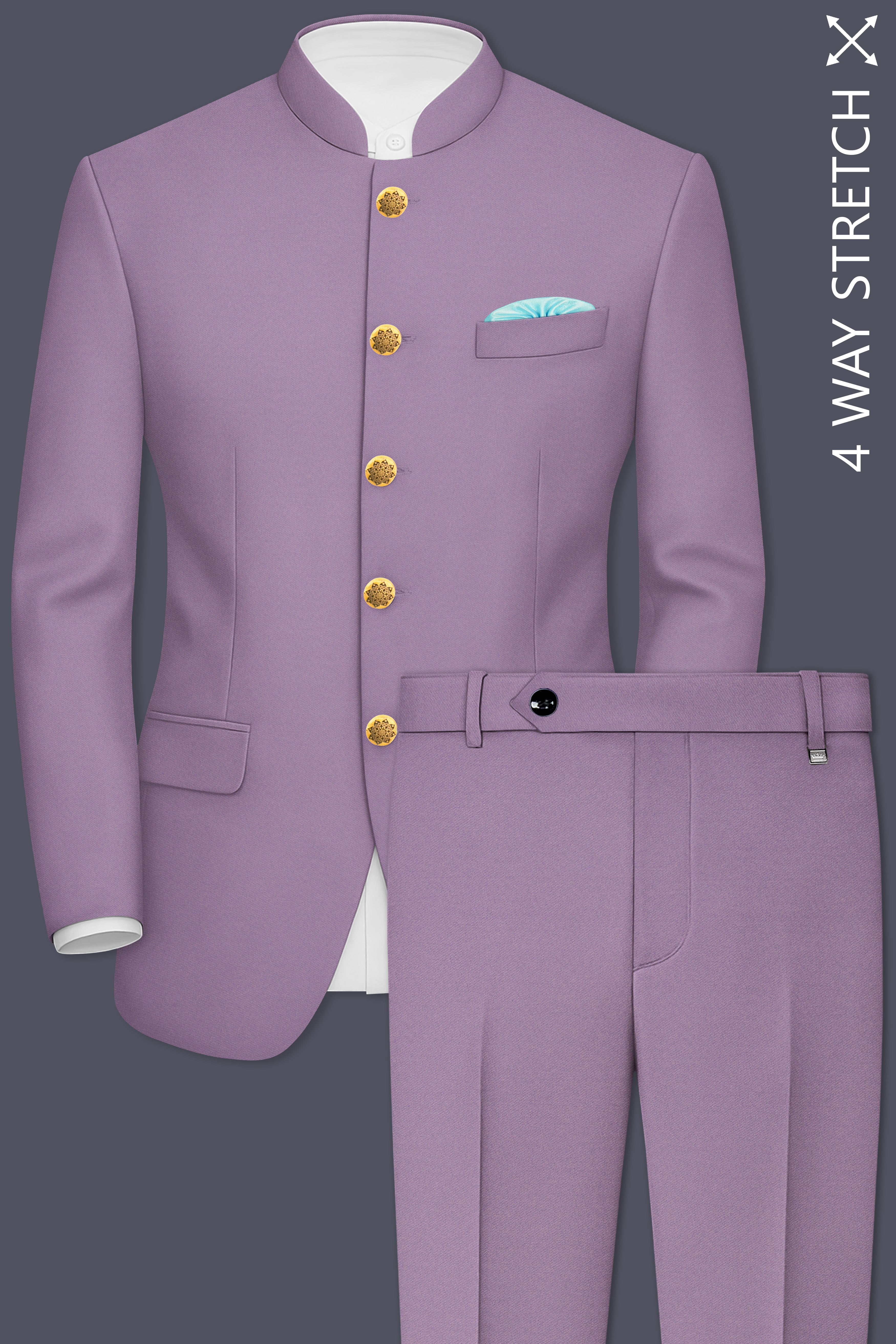 Violeto-Korean Mobster Purple 4-Way Stretch Wool Rich Bandhgala Suit