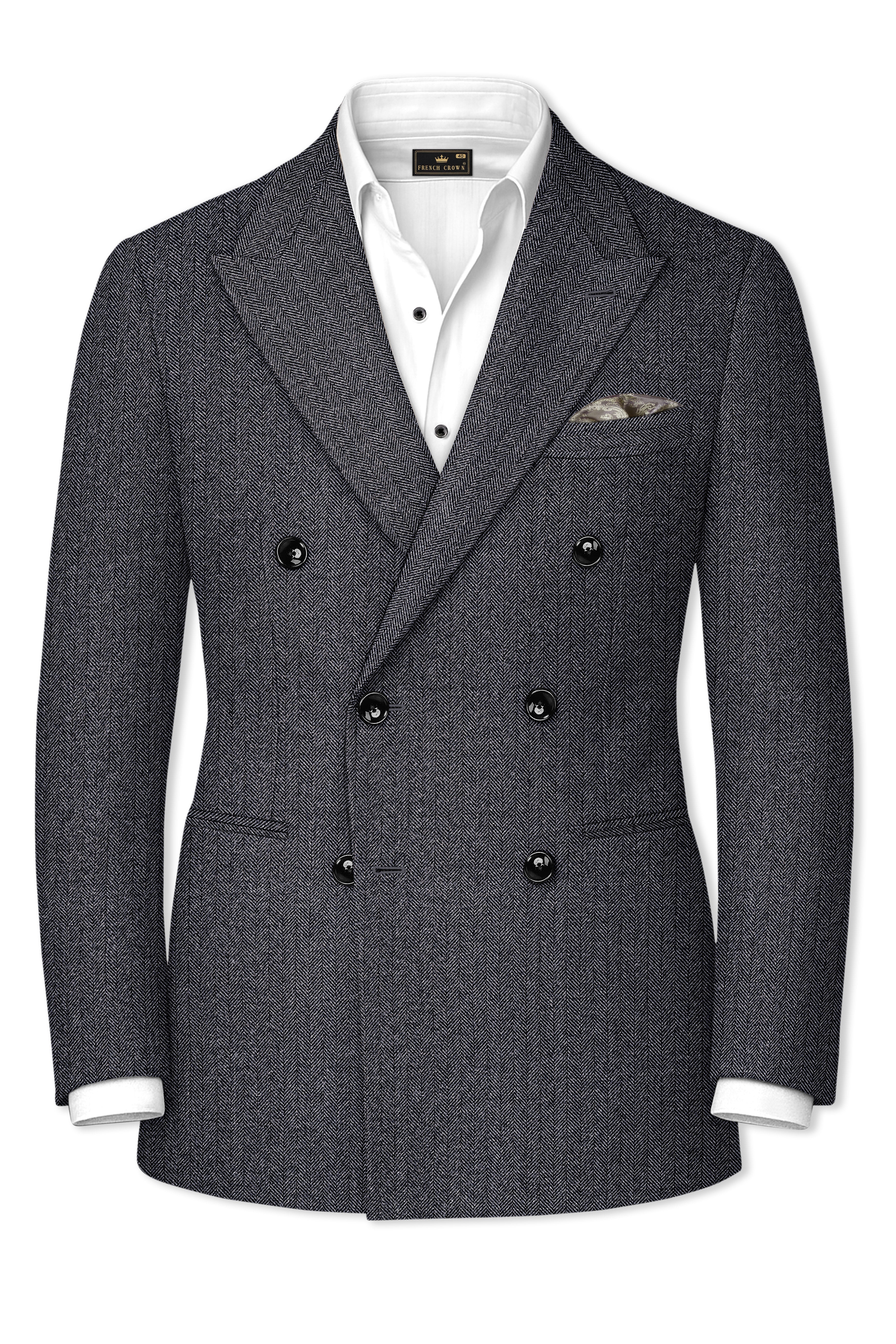 Silvoro-Iridium Gray Herringbone Textured Tweed Double Breasted Suit