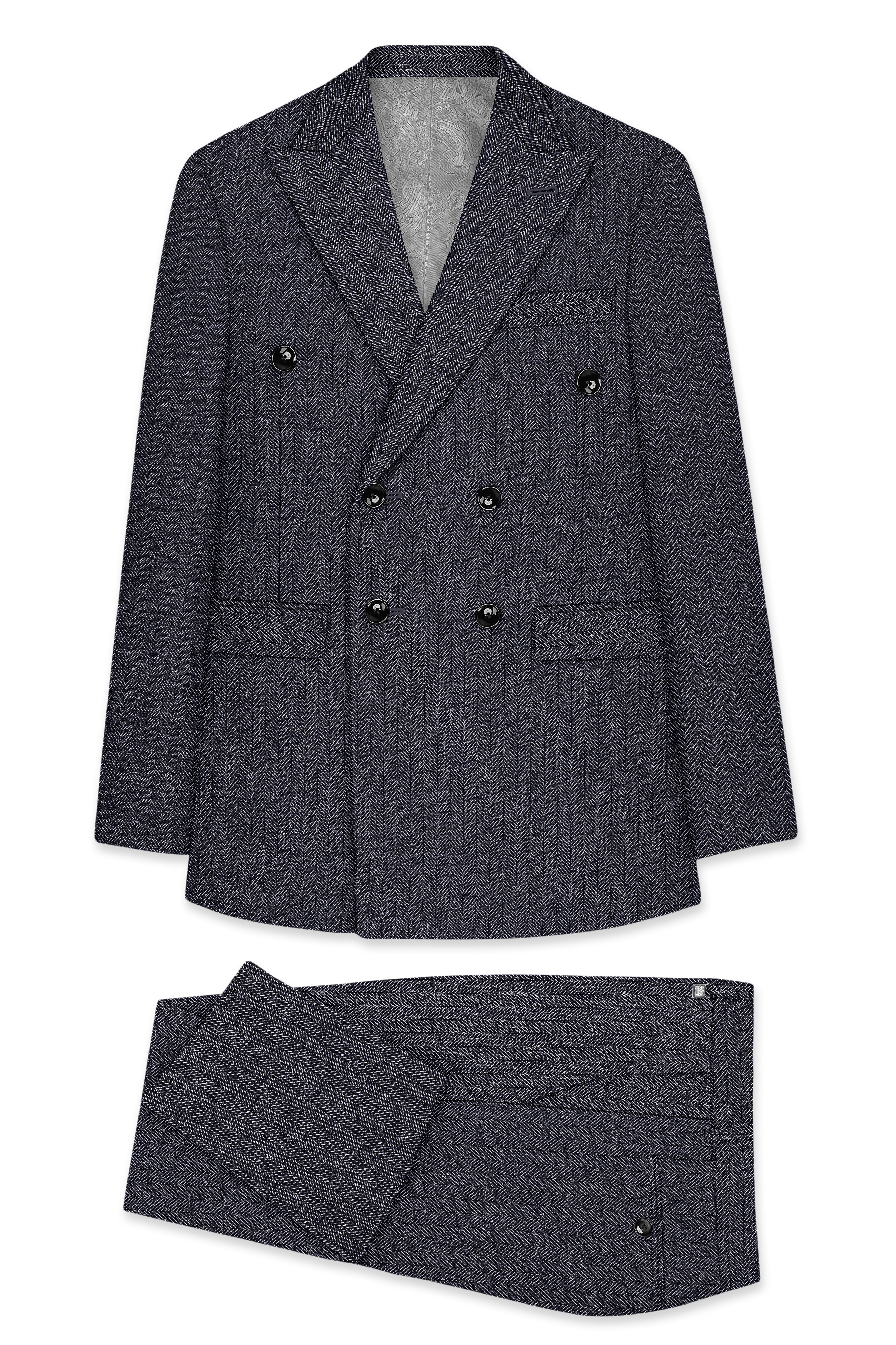 Silvoro-Iridium Gray Herringbone Textured Tweed Double Breasted Suit