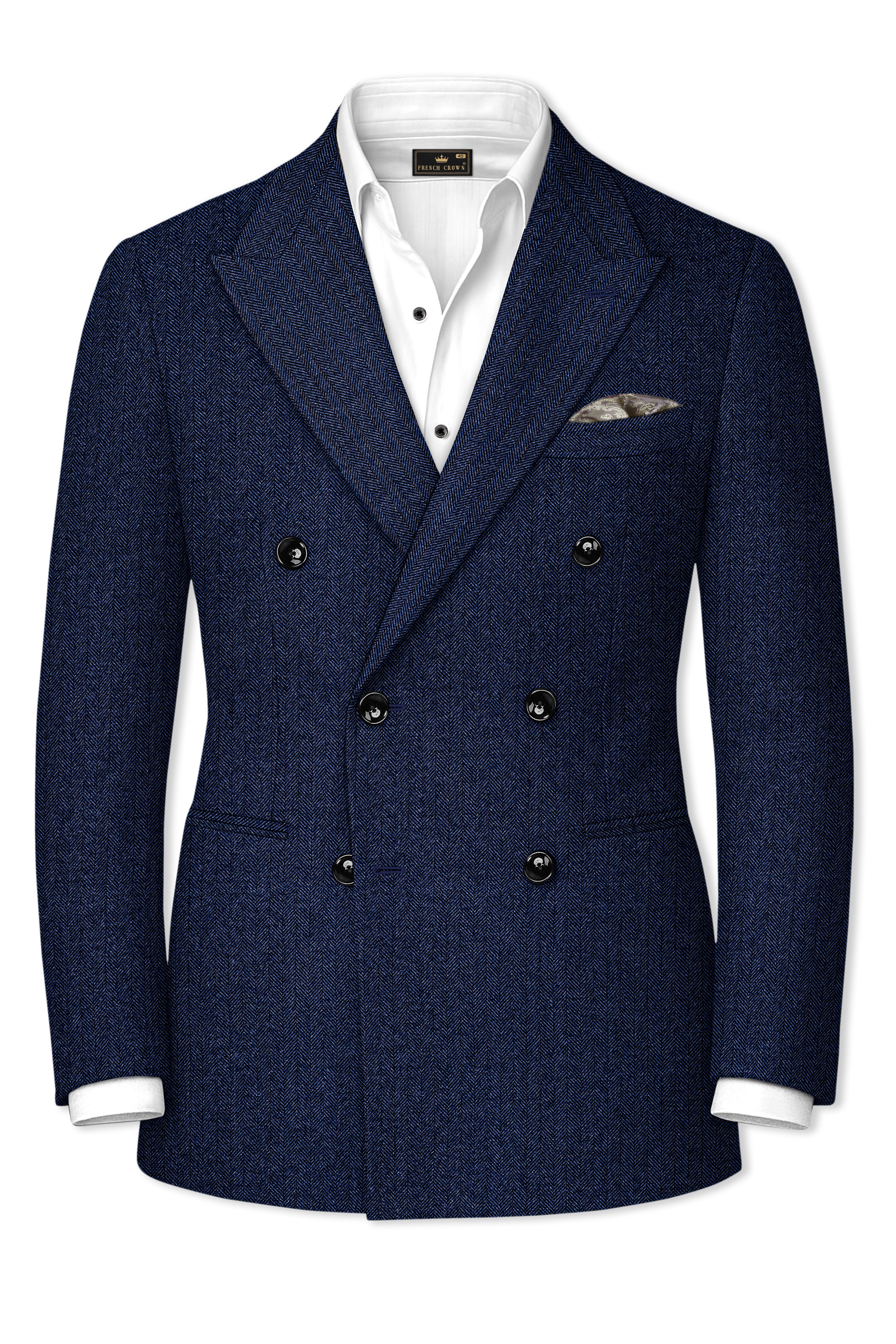 Aurevu-Vulcan Blue Herringbone Textured Tweed Double Breasted Suit