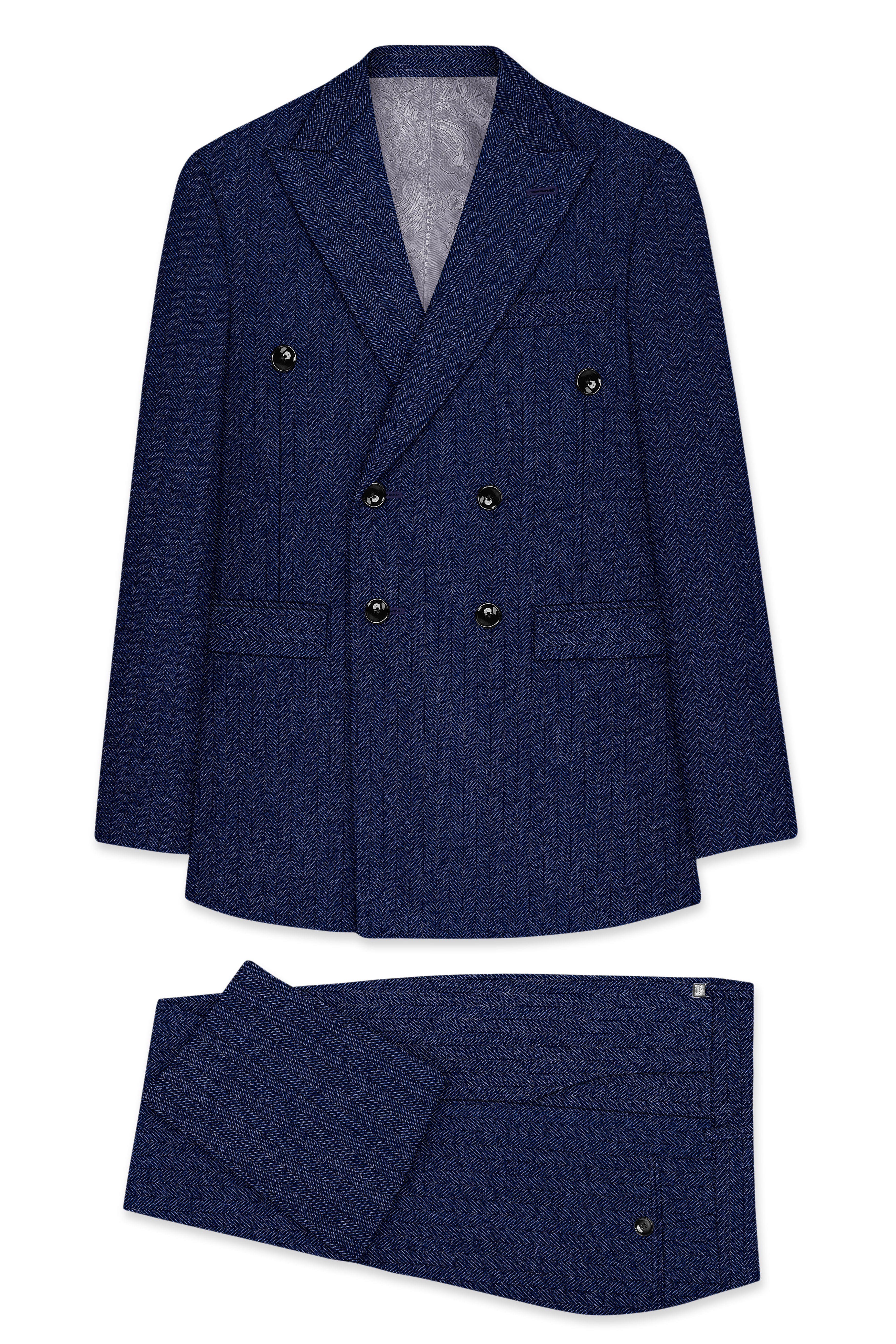 Aurevu-Vulcan Blue Herringbone Textured Tweed Double Breasted Suit