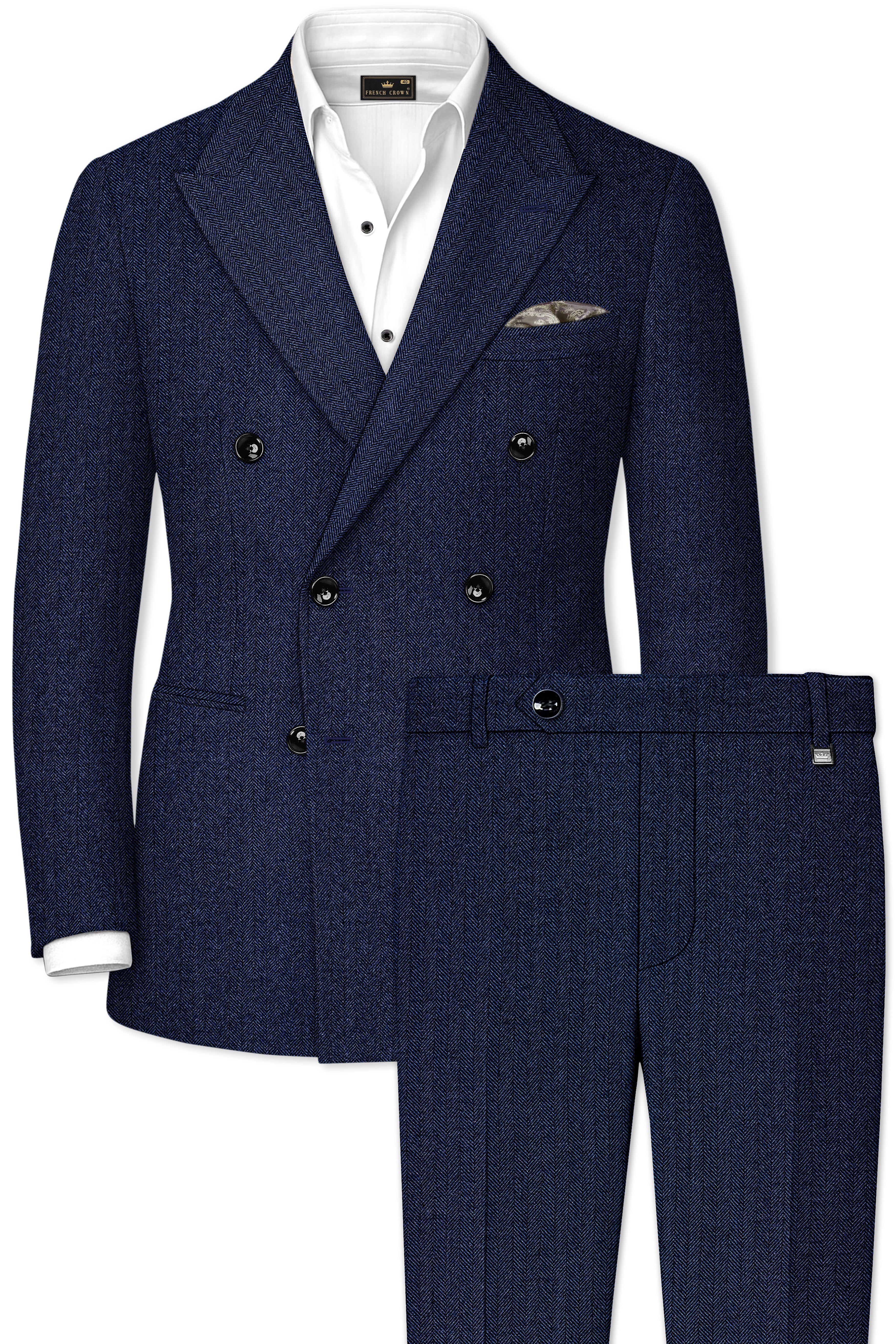 Aurevu-Vulcan Blue Herringbone Textured Tweed Double Breasted Suit