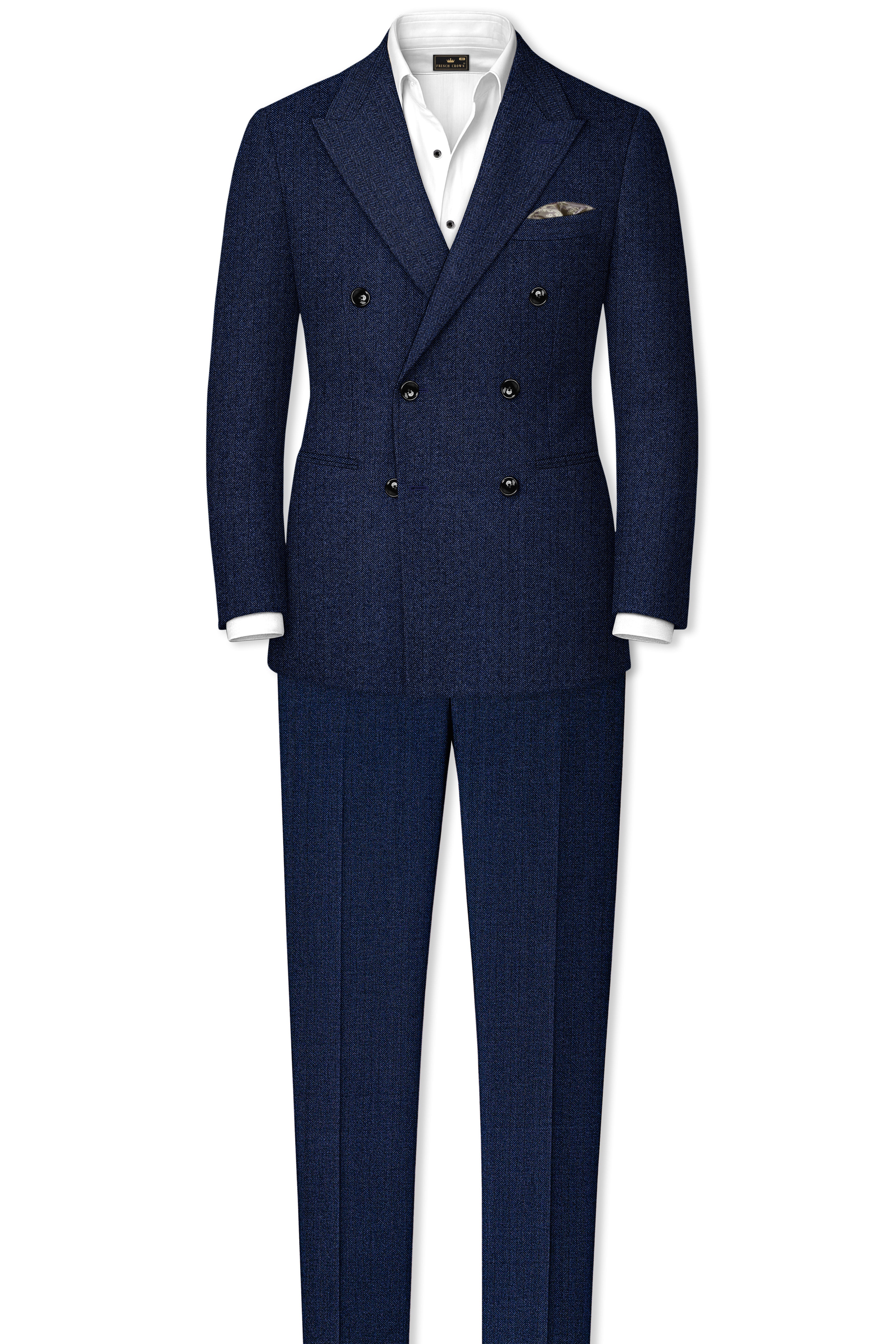 Aurevu-Vulcan Blue Herringbone Textured Tweed Double Breasted Suit