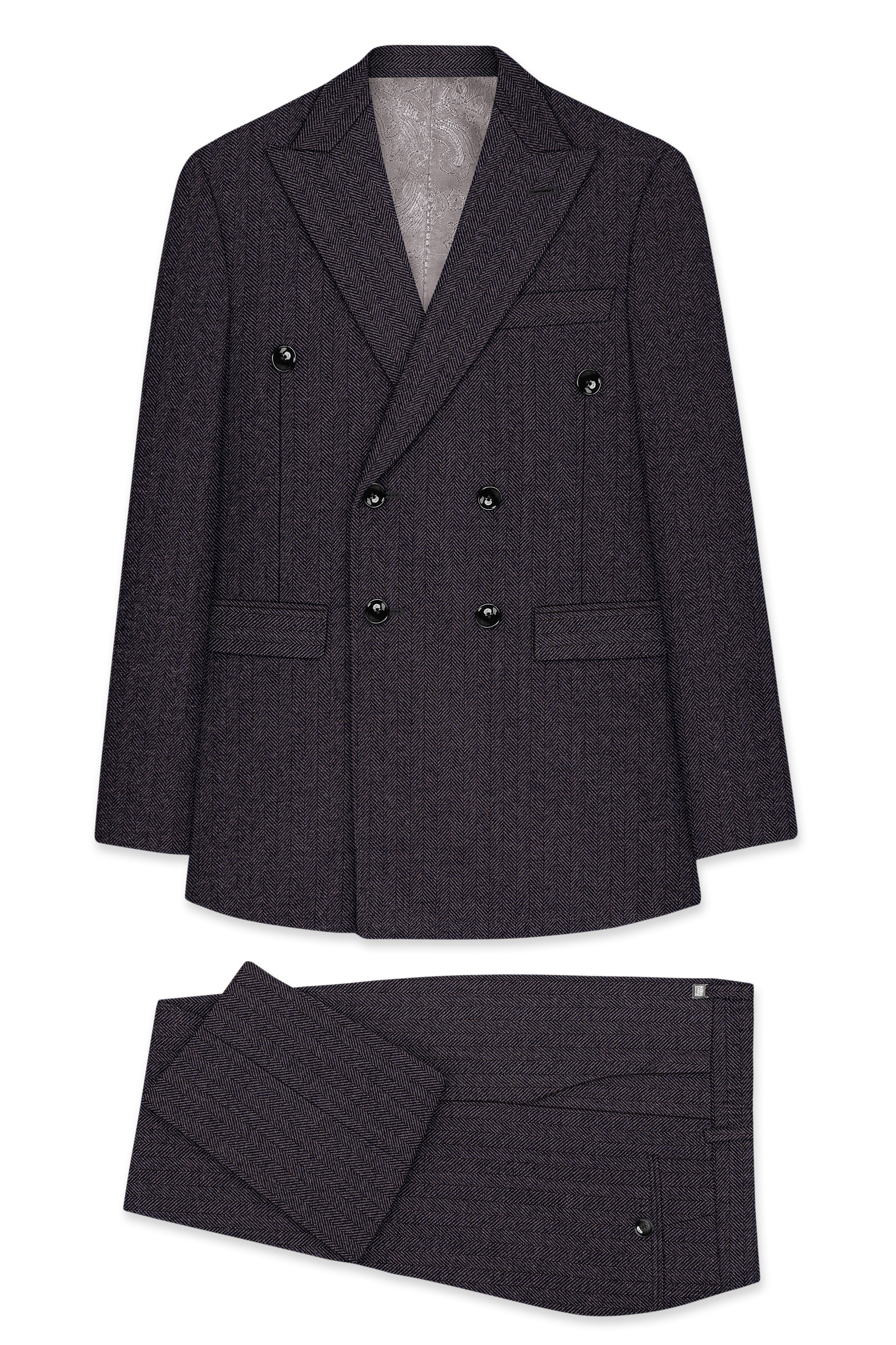 Aurezion-Zeus Brown Herringbone Textured Tweed Double Breasted Suit