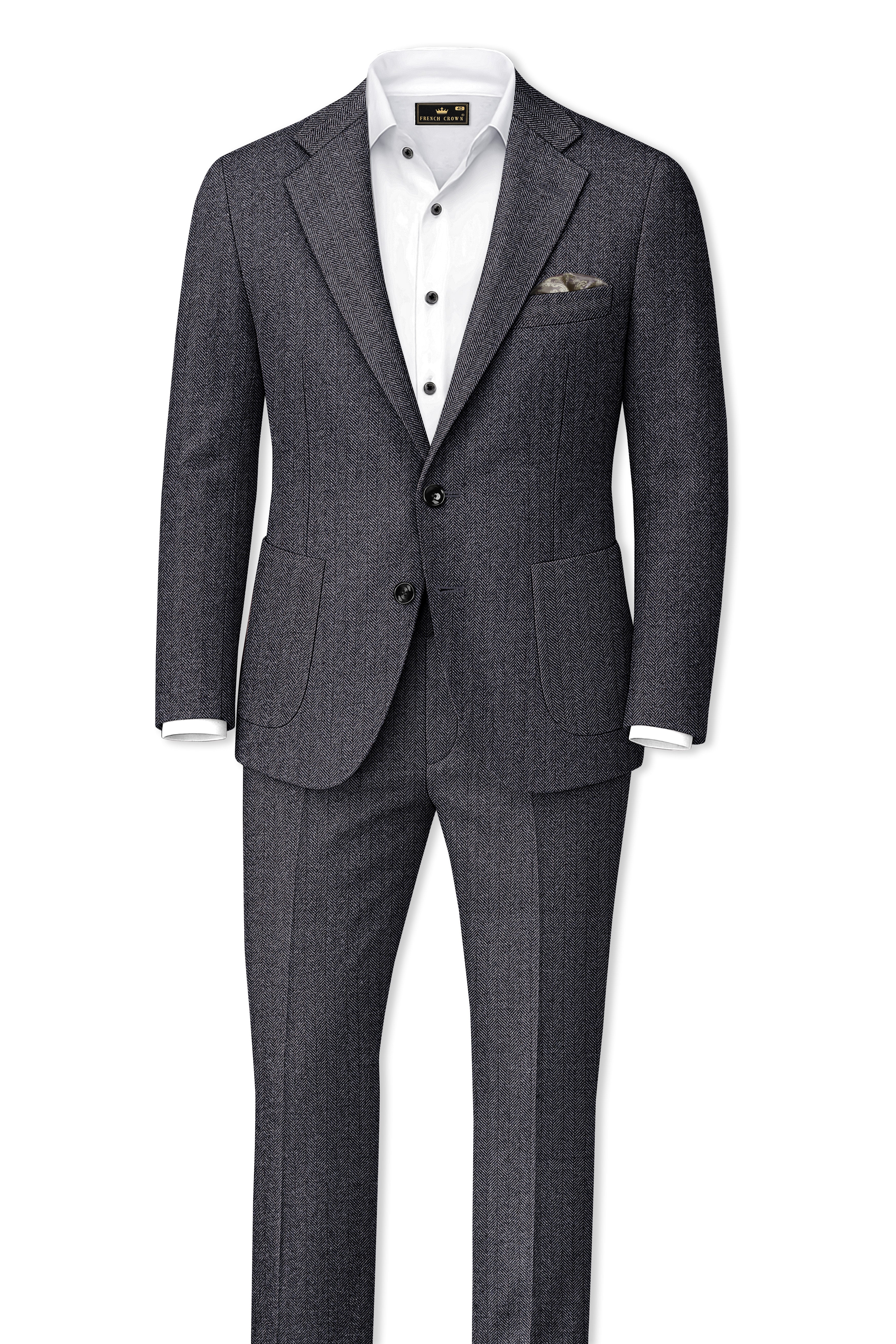 Silvoro-Iridium Gray Herringbone Textured Tweed Single Breasted Sports Suit