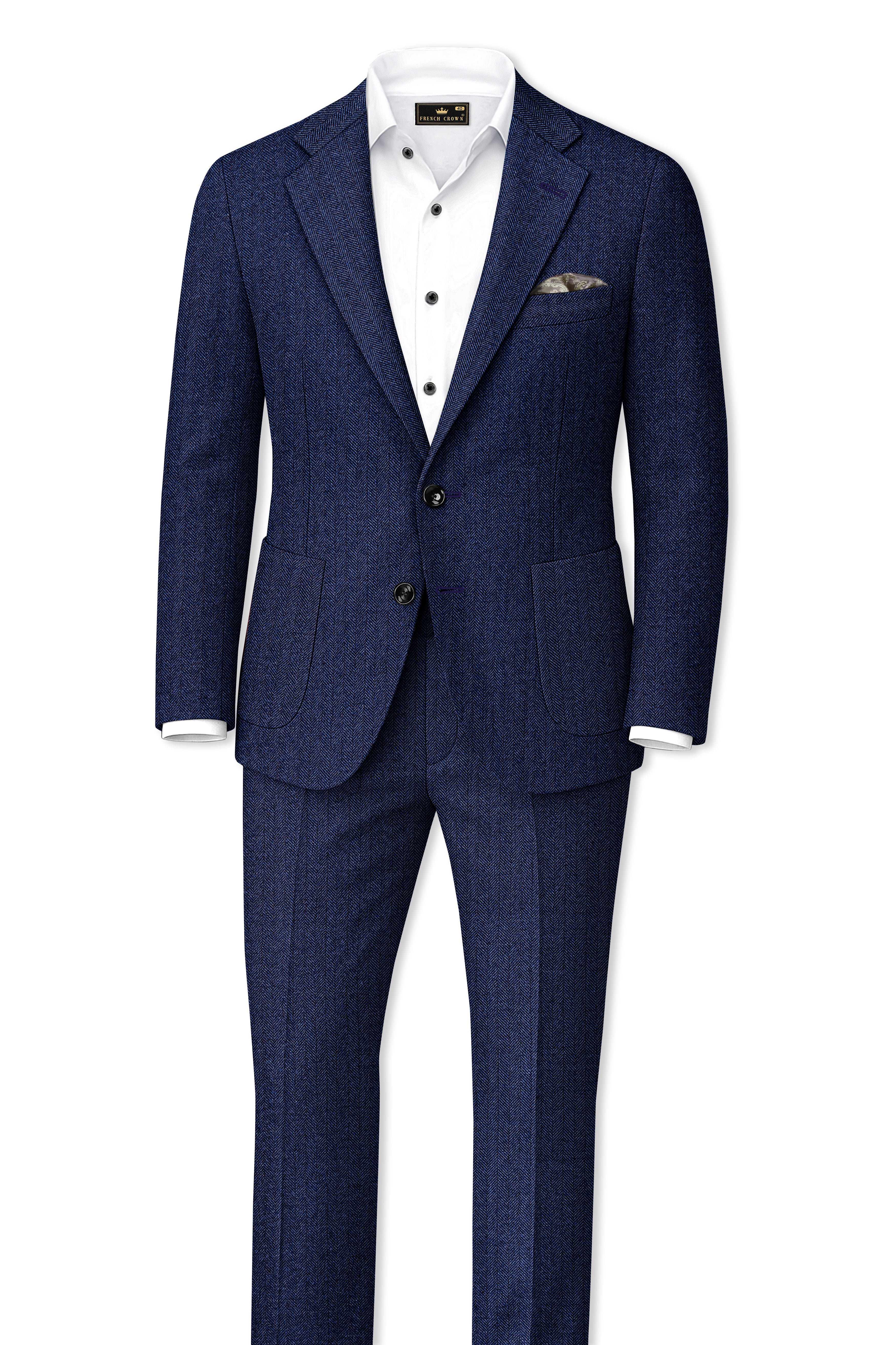 Aurevu-Vulcan Blue Herringbone Textured Tweed Single Breasted Sports Suit