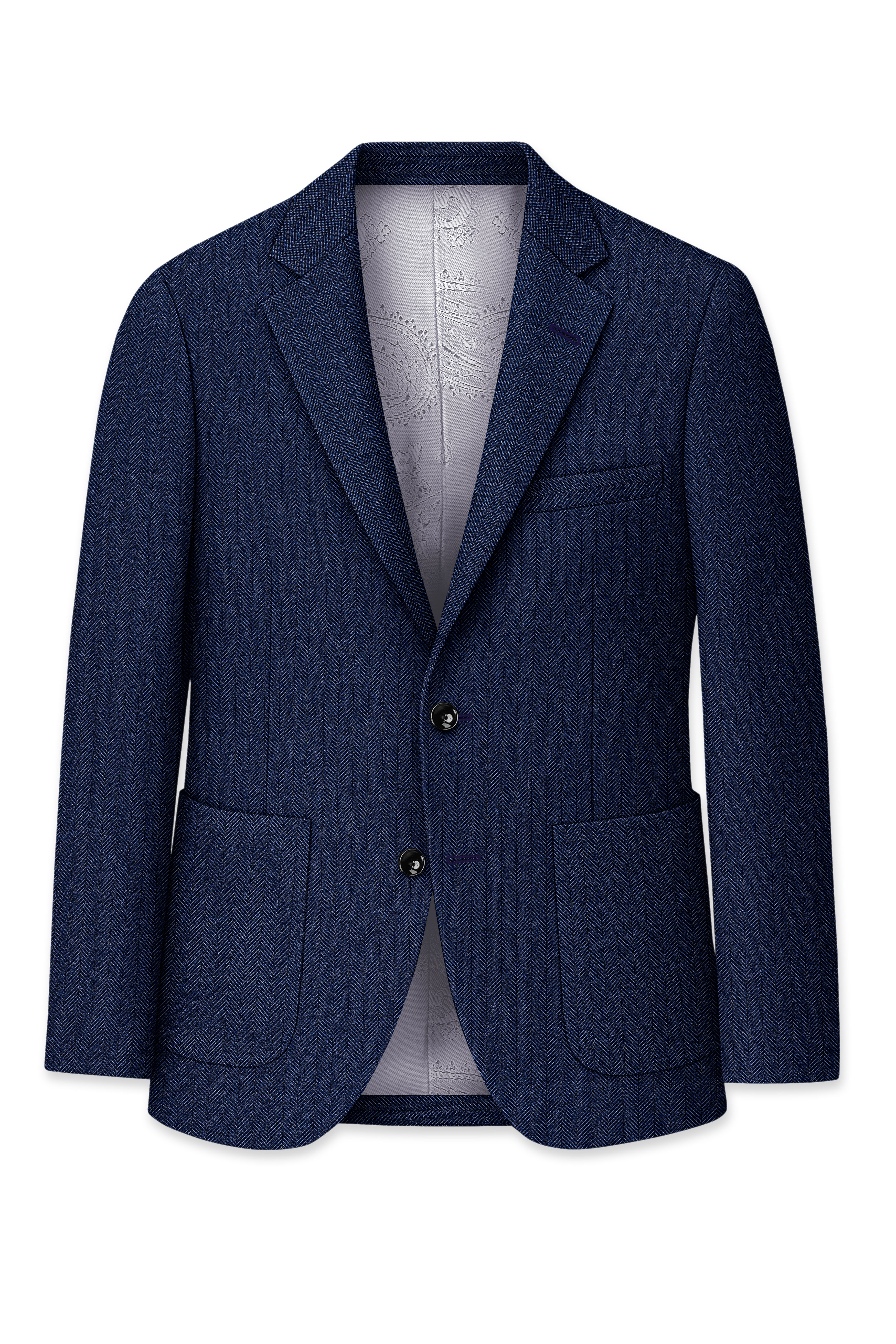 Aurevu-Vulcan Blue Herringbone Textured Tweed Single Breasted Sports Suit
