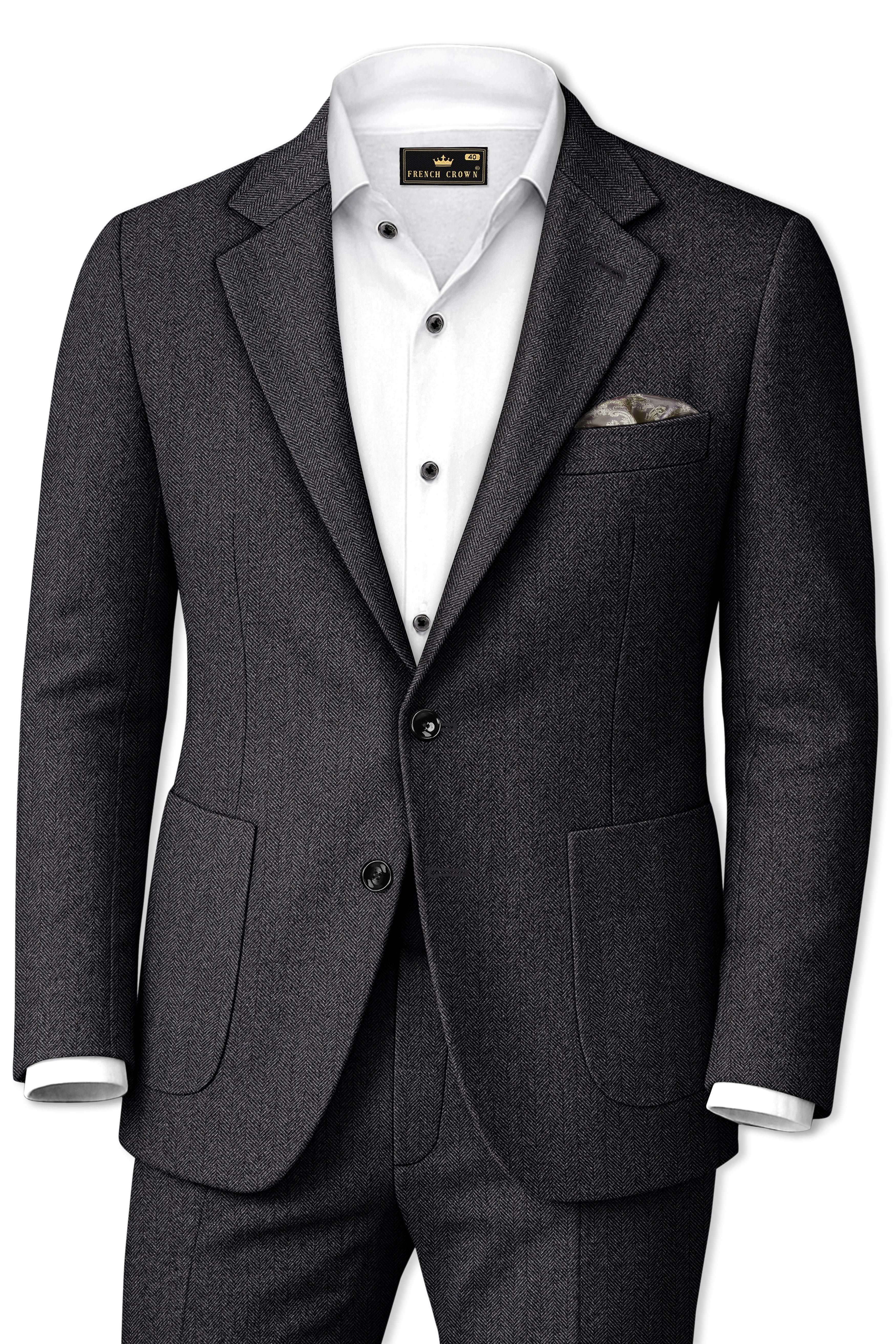 Imperion-Charcoal Gray Herringbone Textured Tweed Single Breasted Sports Suit