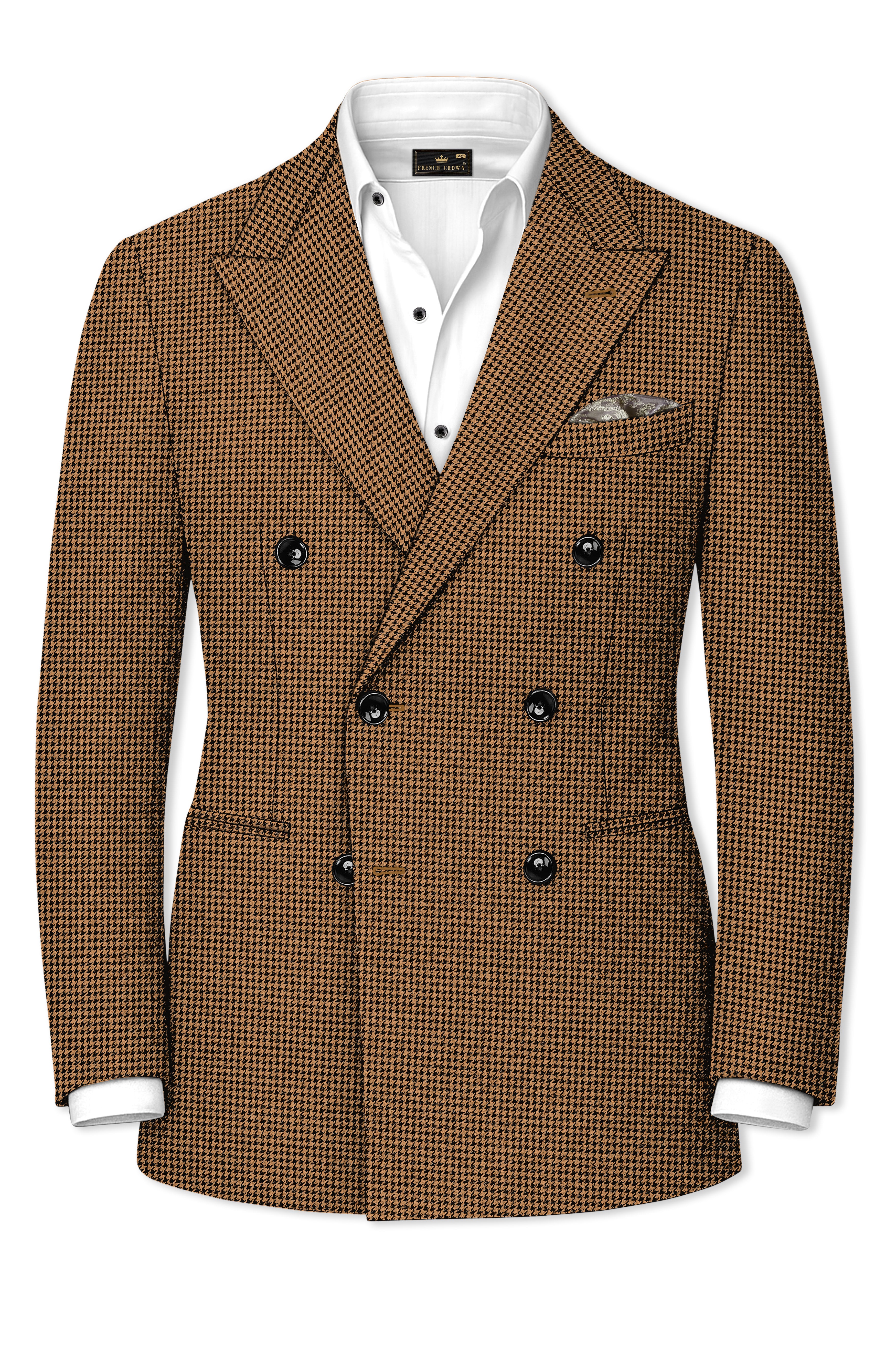 Regalis-Rope Brown Classic Houndstooth Textured Tweed Double Breasted Suit