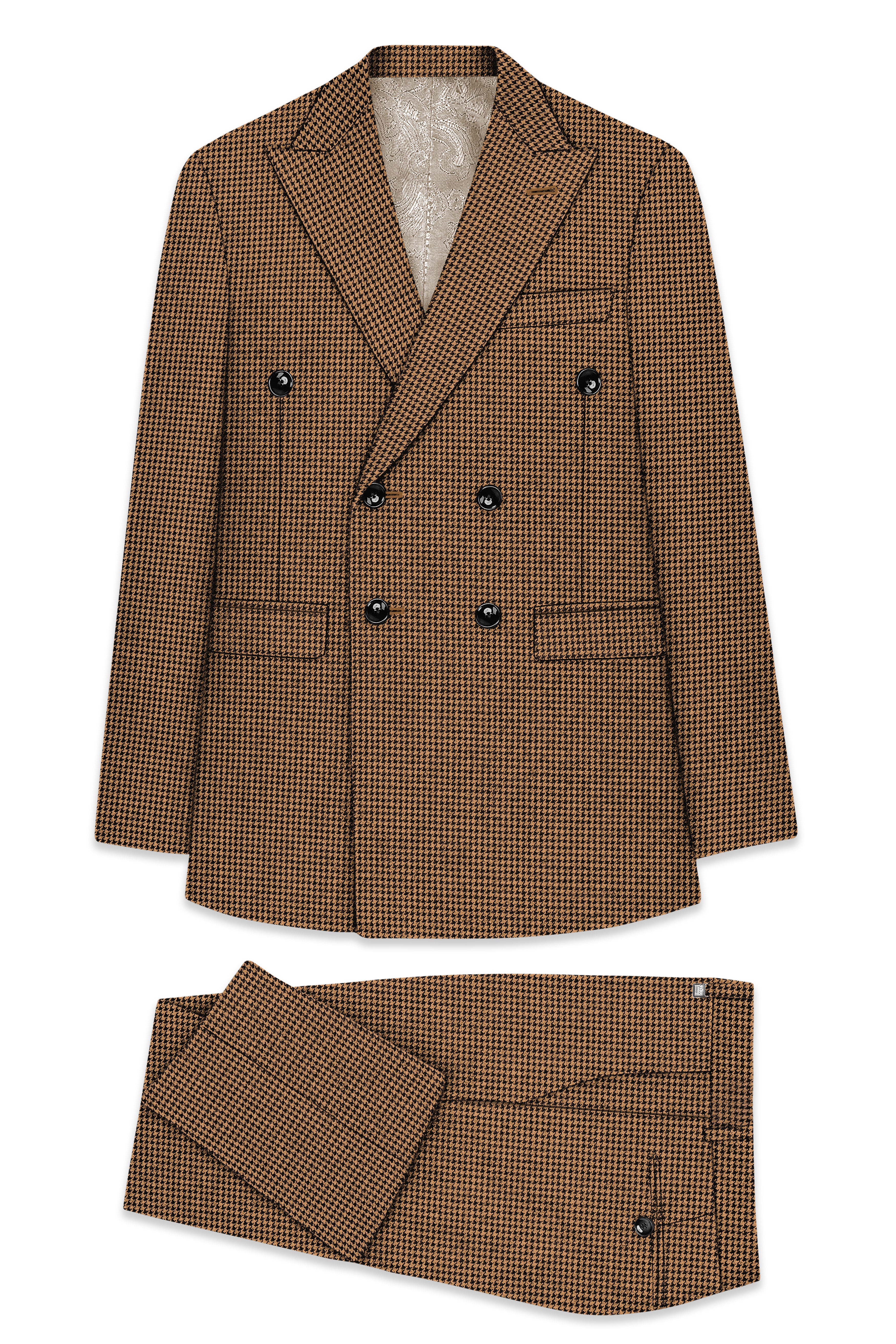 Regalis-Rope Brown Classic Houndstooth Textured Tweed Double Breasted Suit