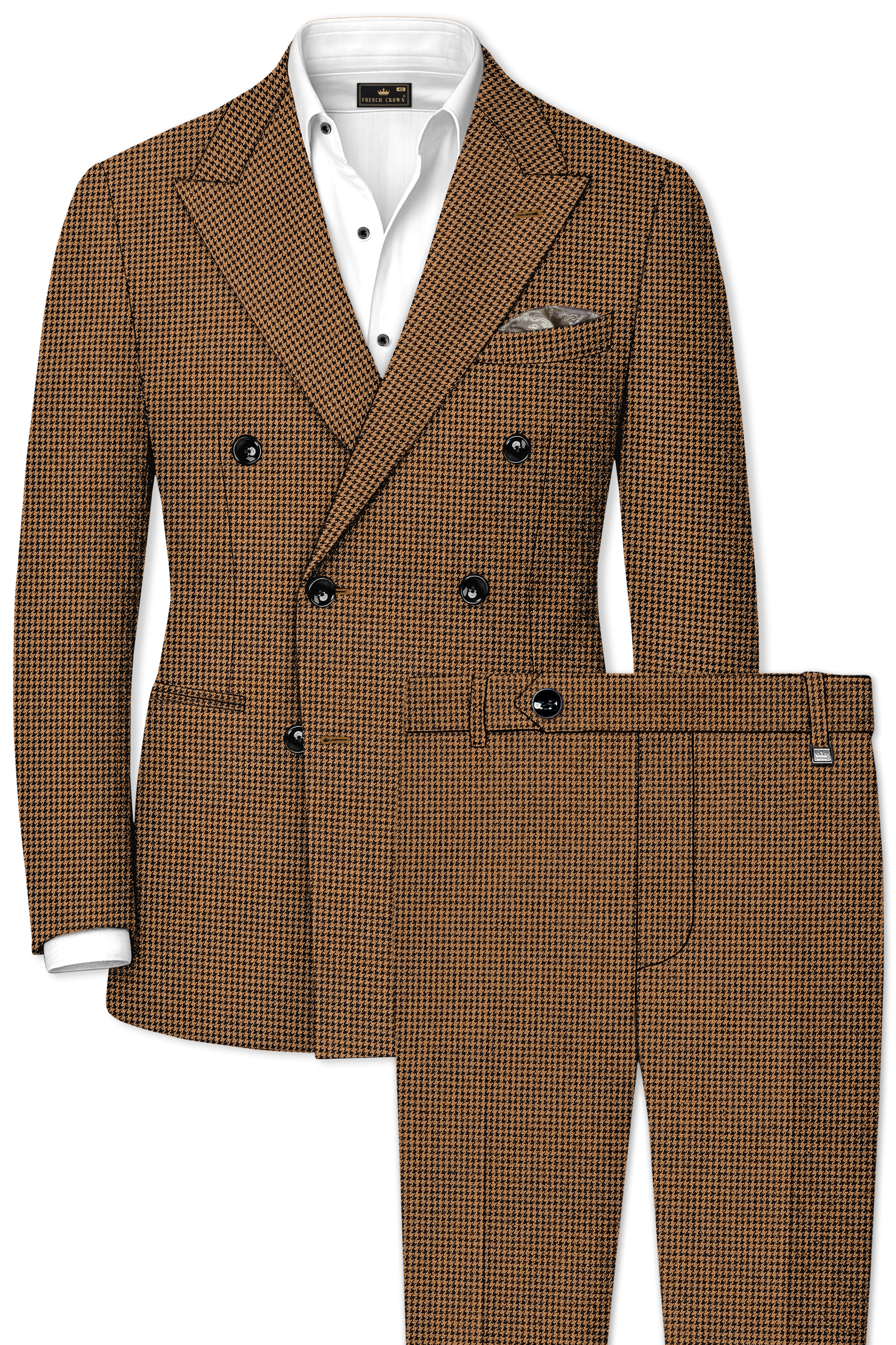 Regalis-Rope Brown Classic Houndstooth Textured Tweed Double Breasted Suit