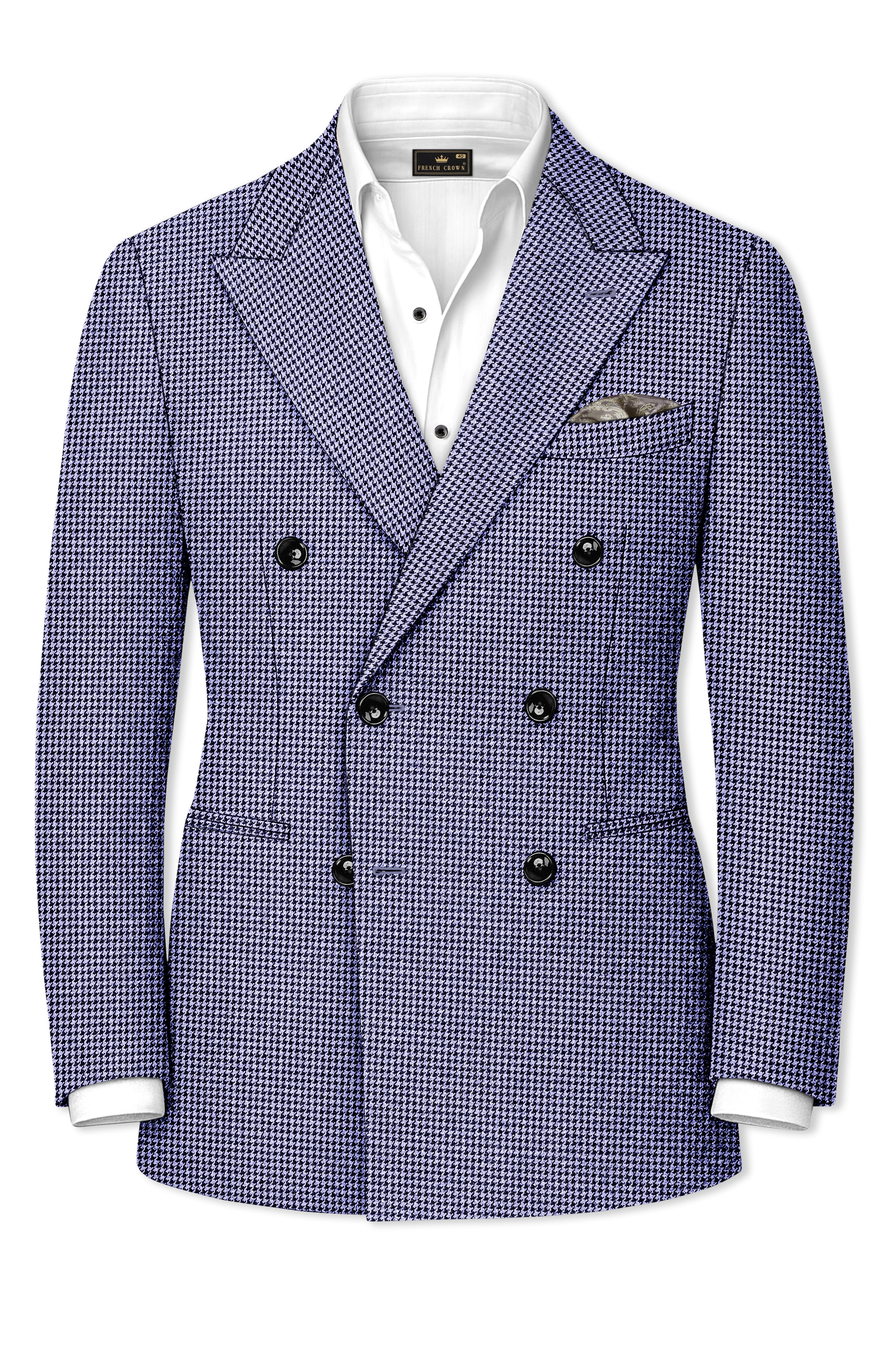Dusk-Mulled Blue Classic Houndstooth Textured Tweed Double Breasted Suit