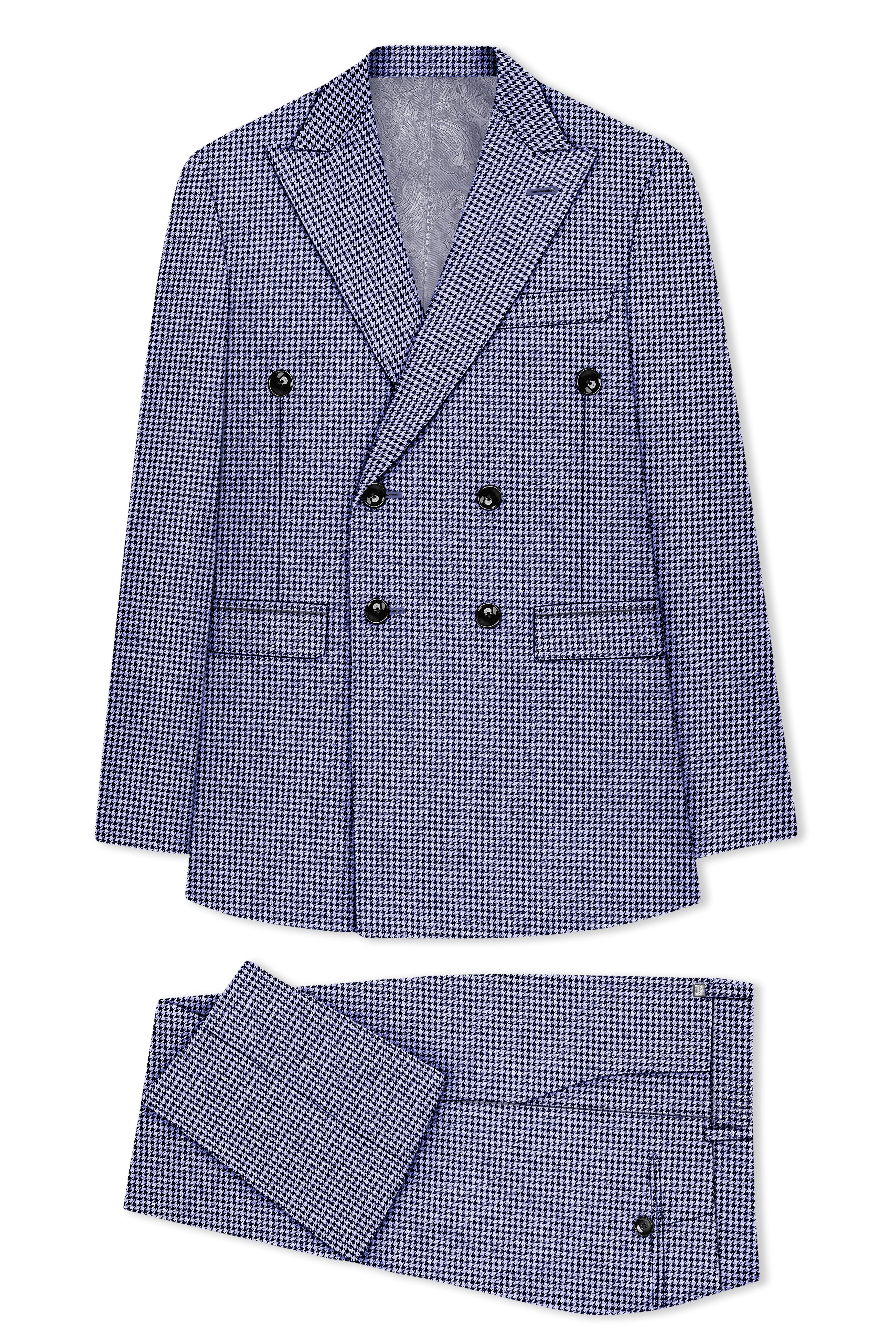 Dusk-Mulled Blue Classic Houndstooth Textured Tweed Double Breasted Suit