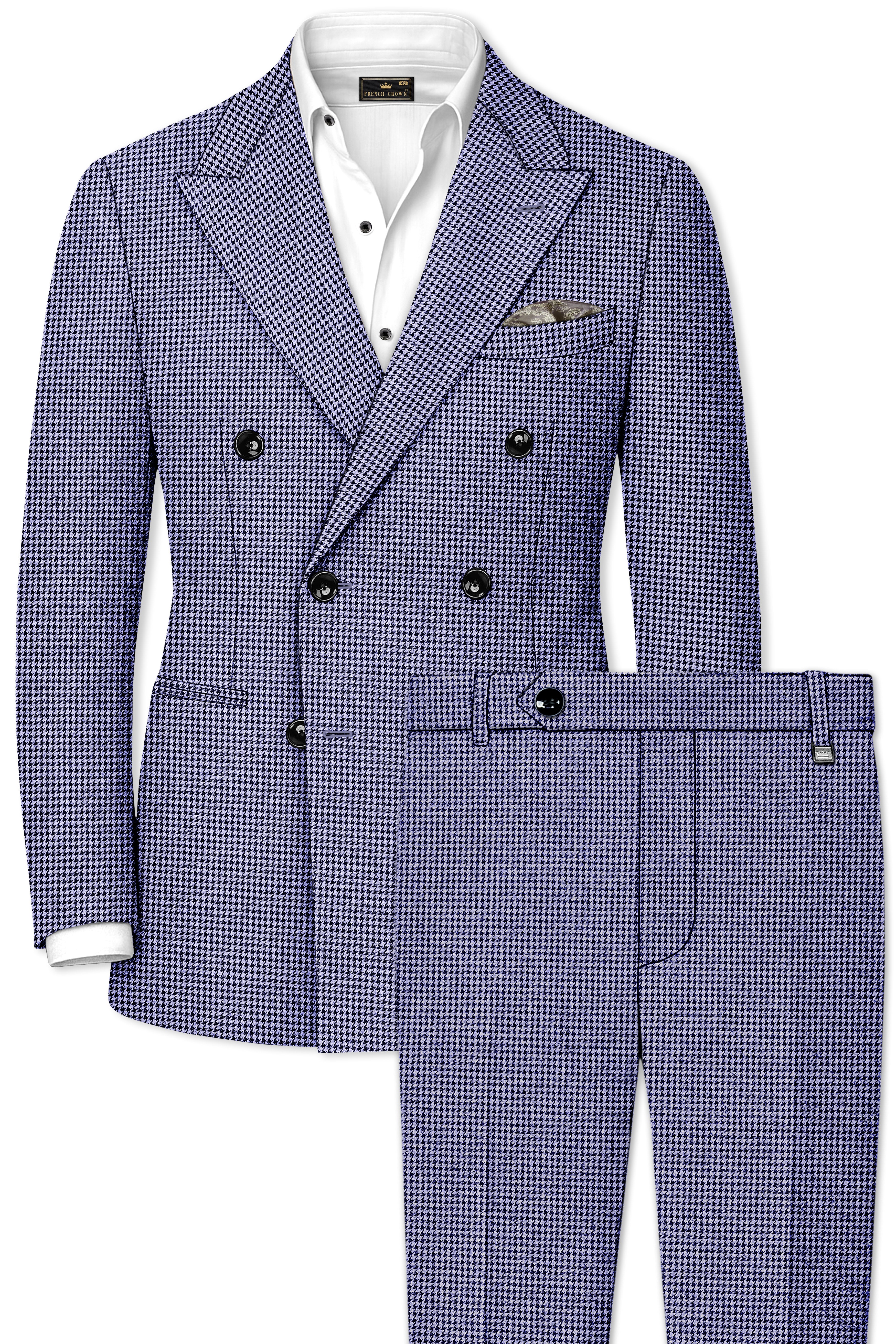Dusk-Mulled Blue Classic Houndstooth Textured Tweed Double Breasted Suit
