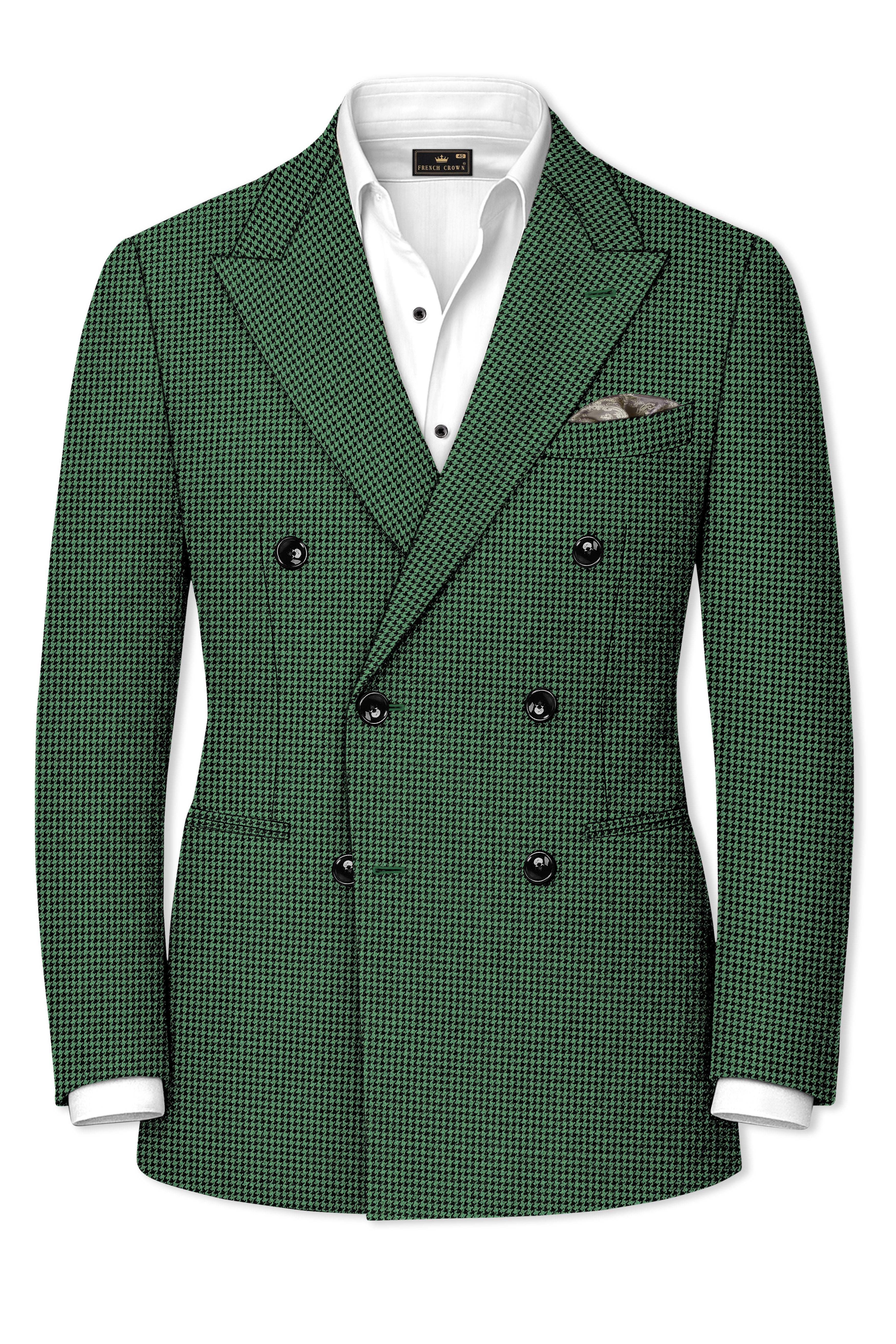 Regent-Plantation Green Classic Houndstooth Textured Tweed Double Breasted Suit