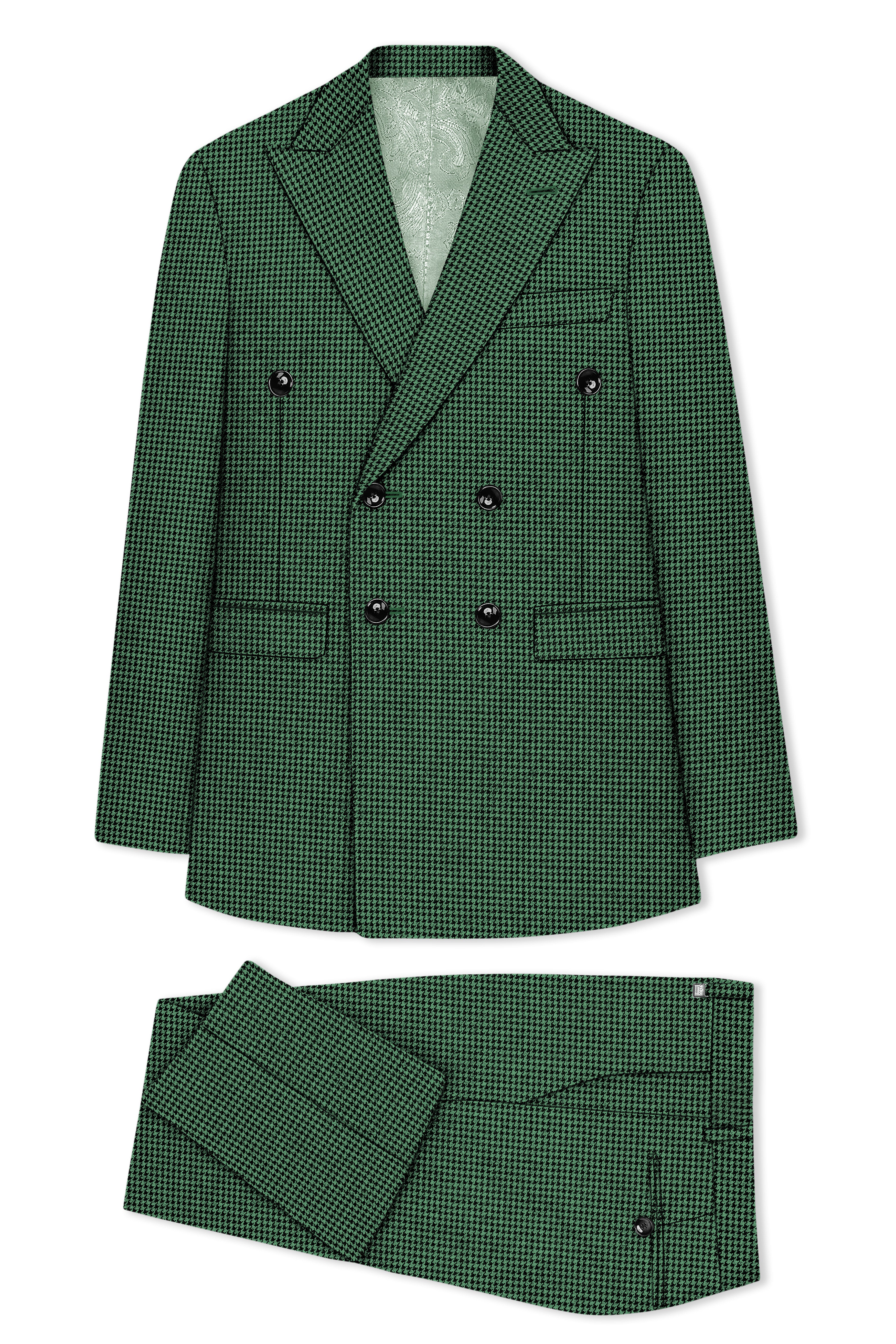 Regent-Plantation Green Classic Houndstooth Textured Tweed Double Breasted Suit