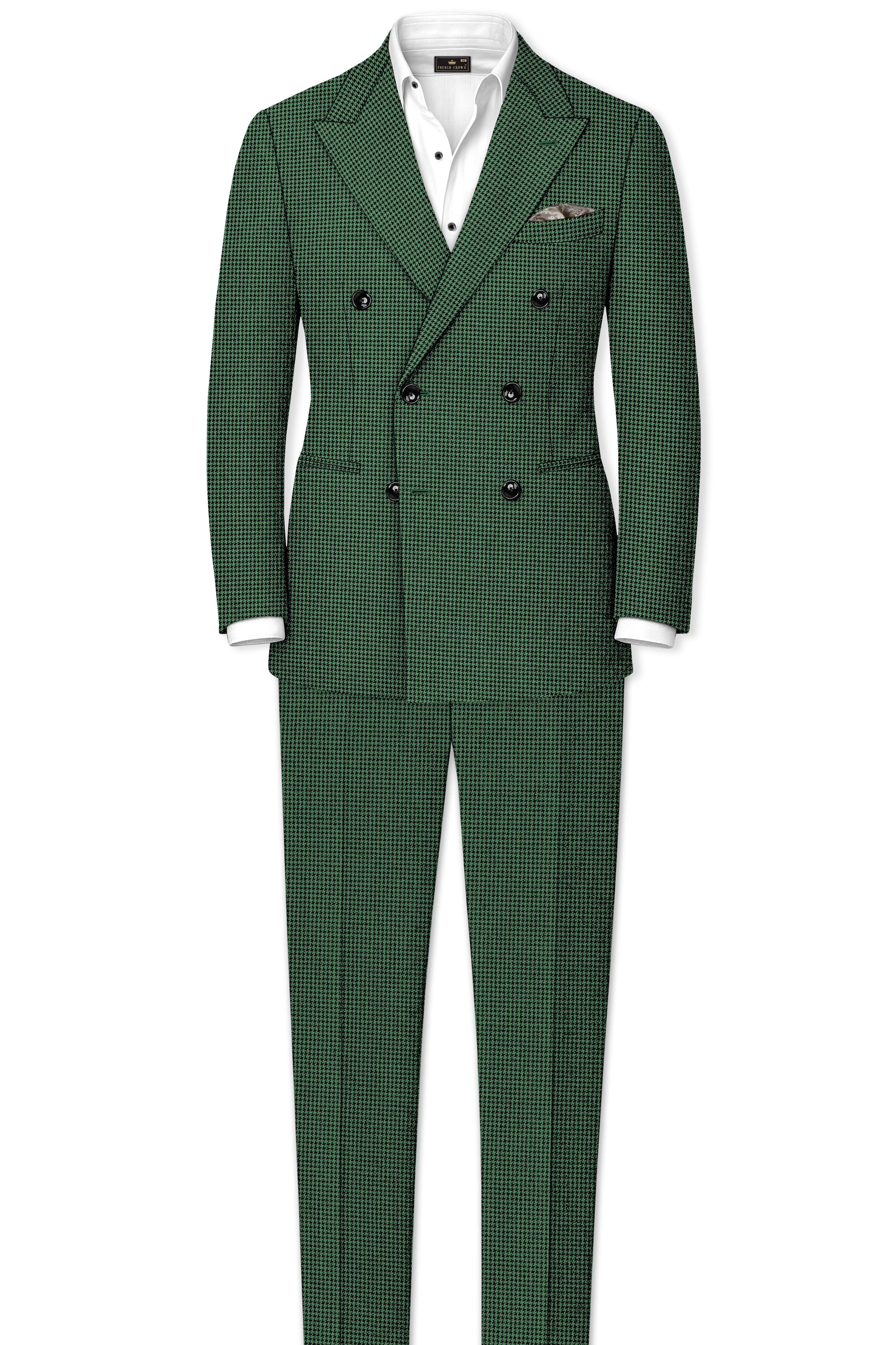 Regent-Plantation Green Classic Houndstooth Textured Tweed Double Breasted Suit