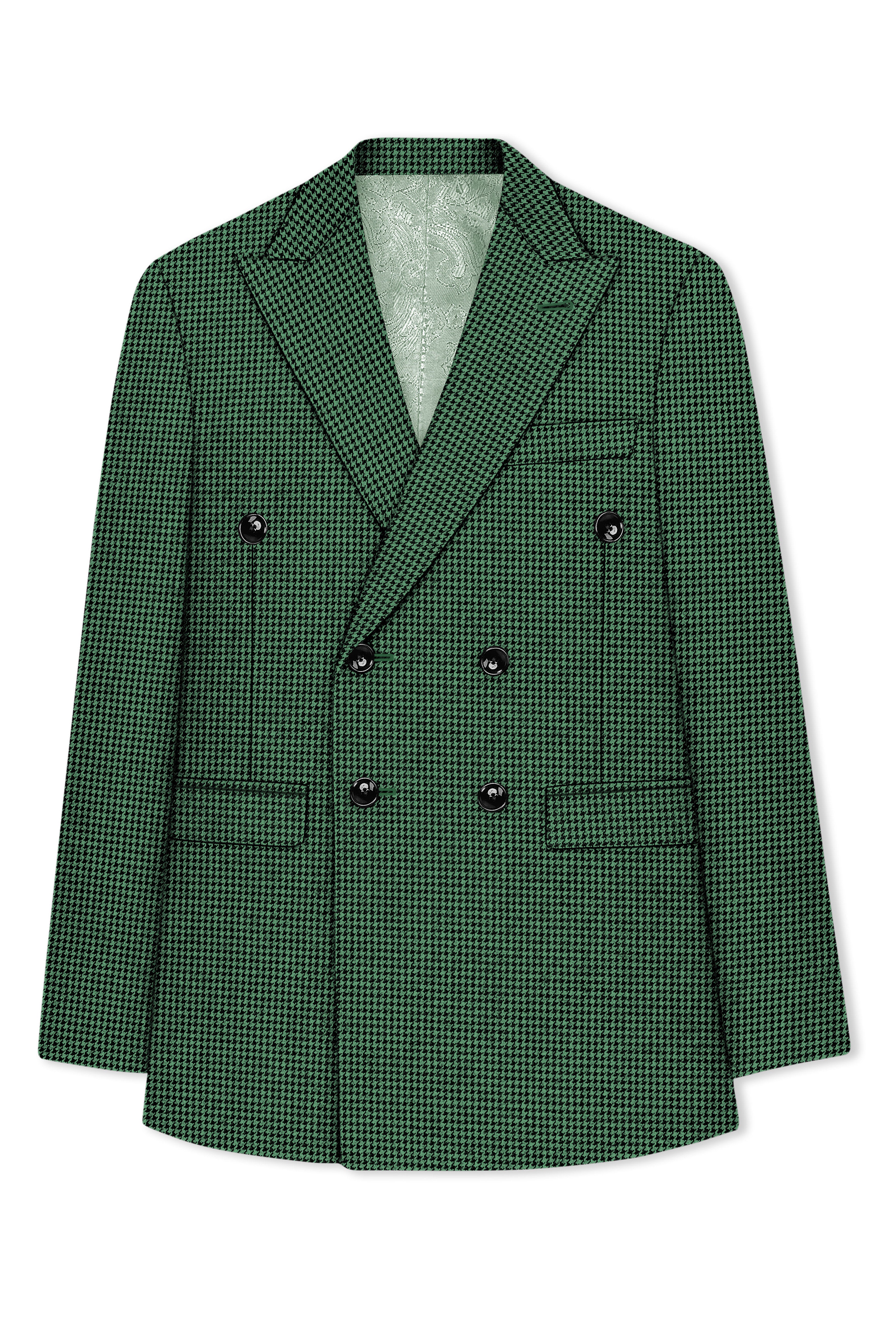 Regent-Plantation Green Classic Houndstooth Textured Tweed Double Breasted Suit